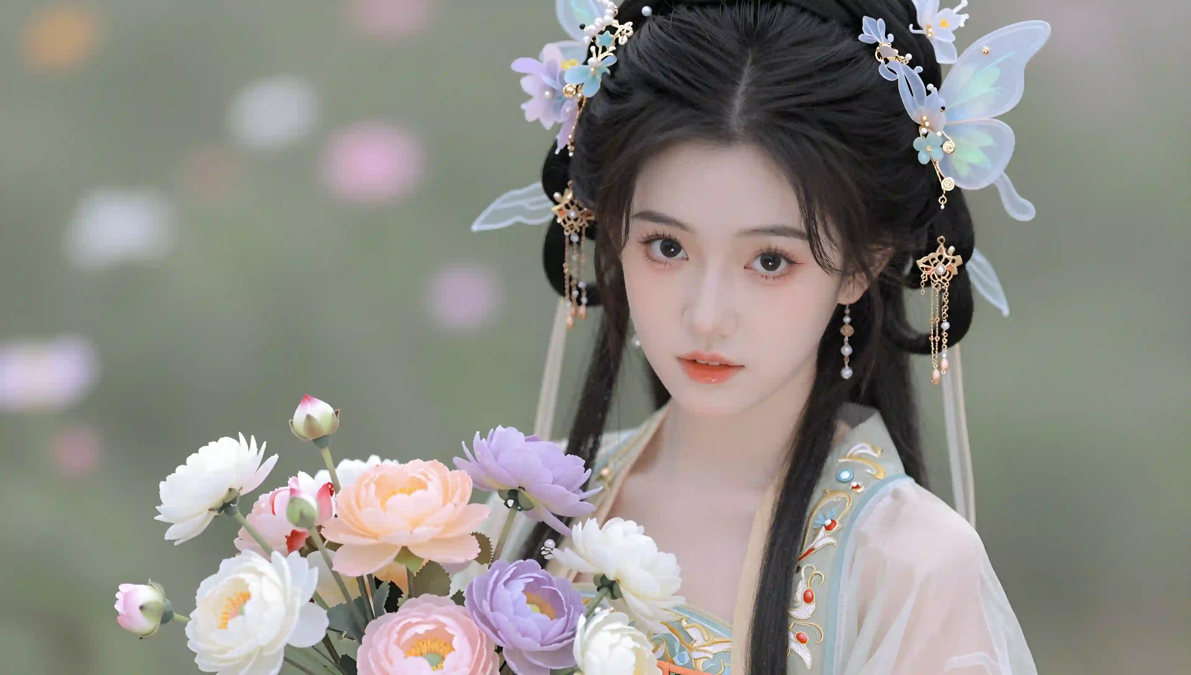 古风女子 花束 蝴蝶发饰 优雅 唯美