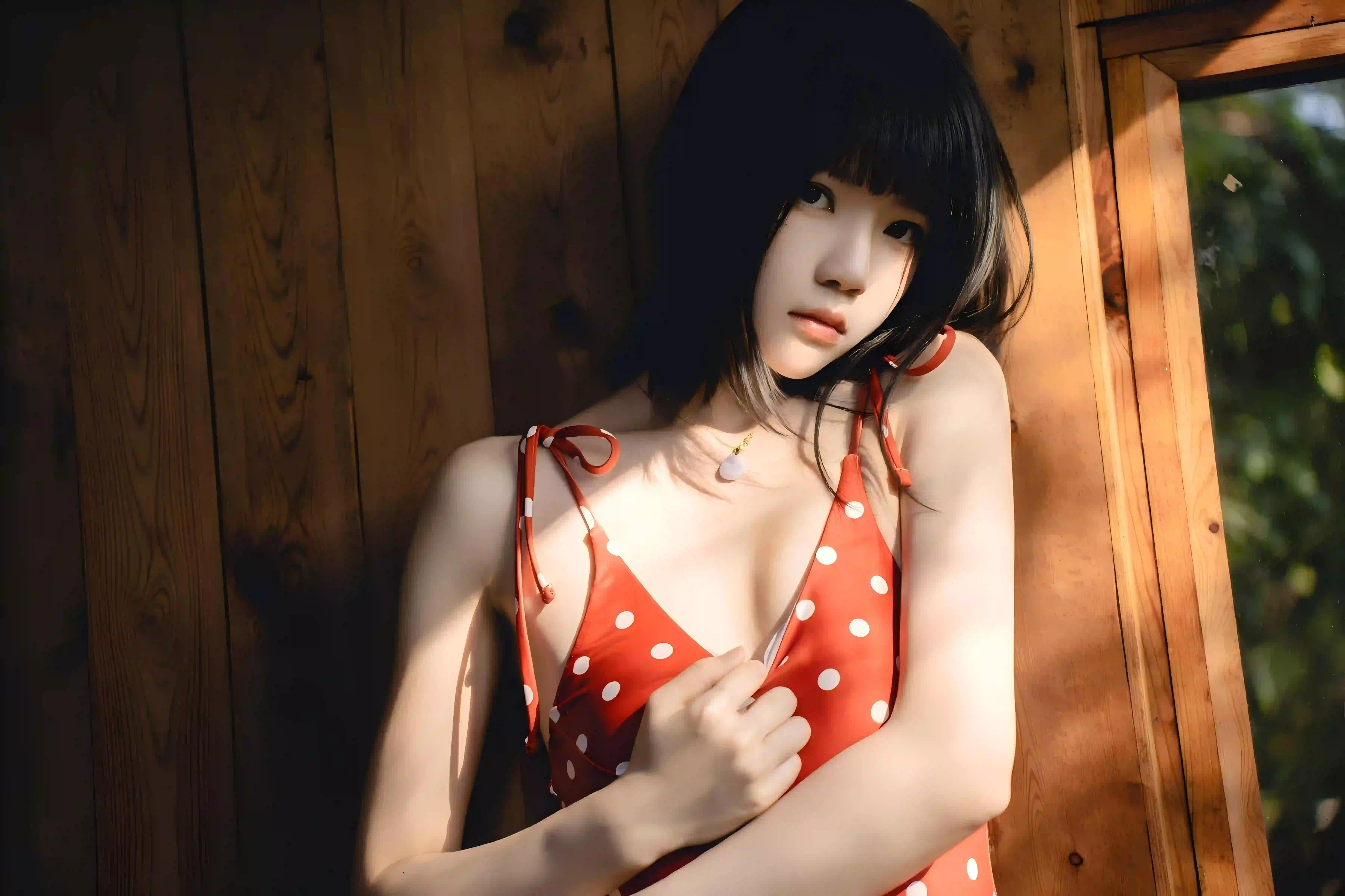 夏日穿搭 红色吊带 美女 长发美女 性感美女