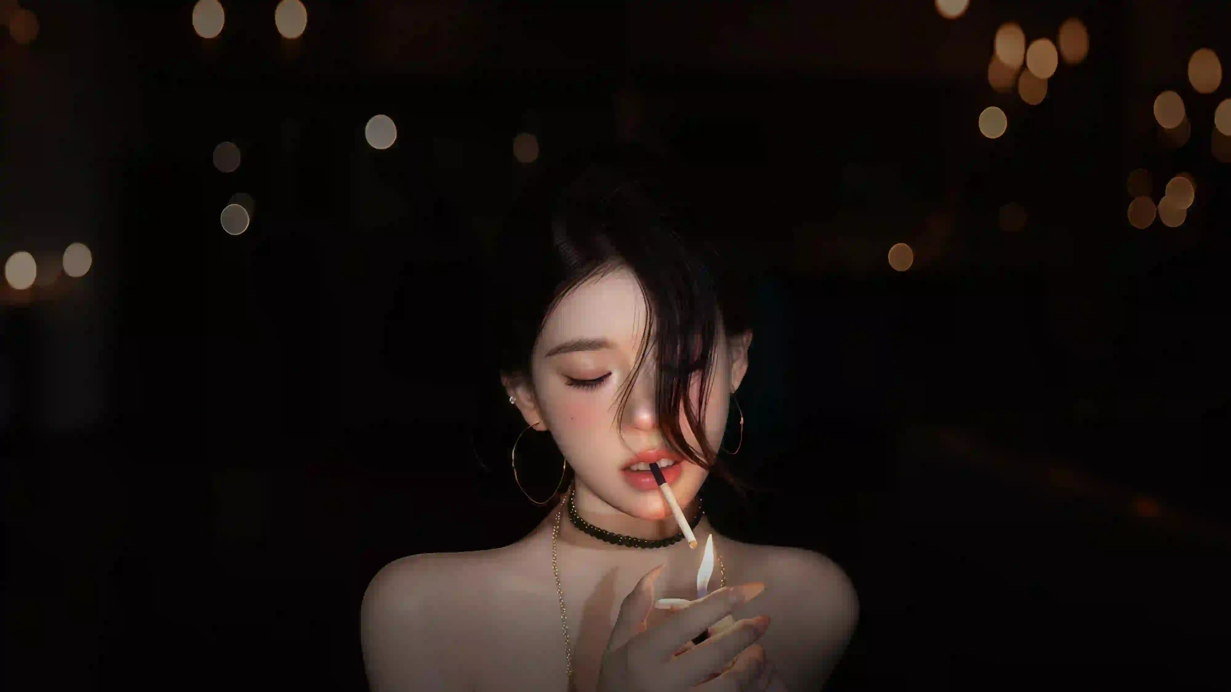 光影 长发女孩 吸烟 灯光