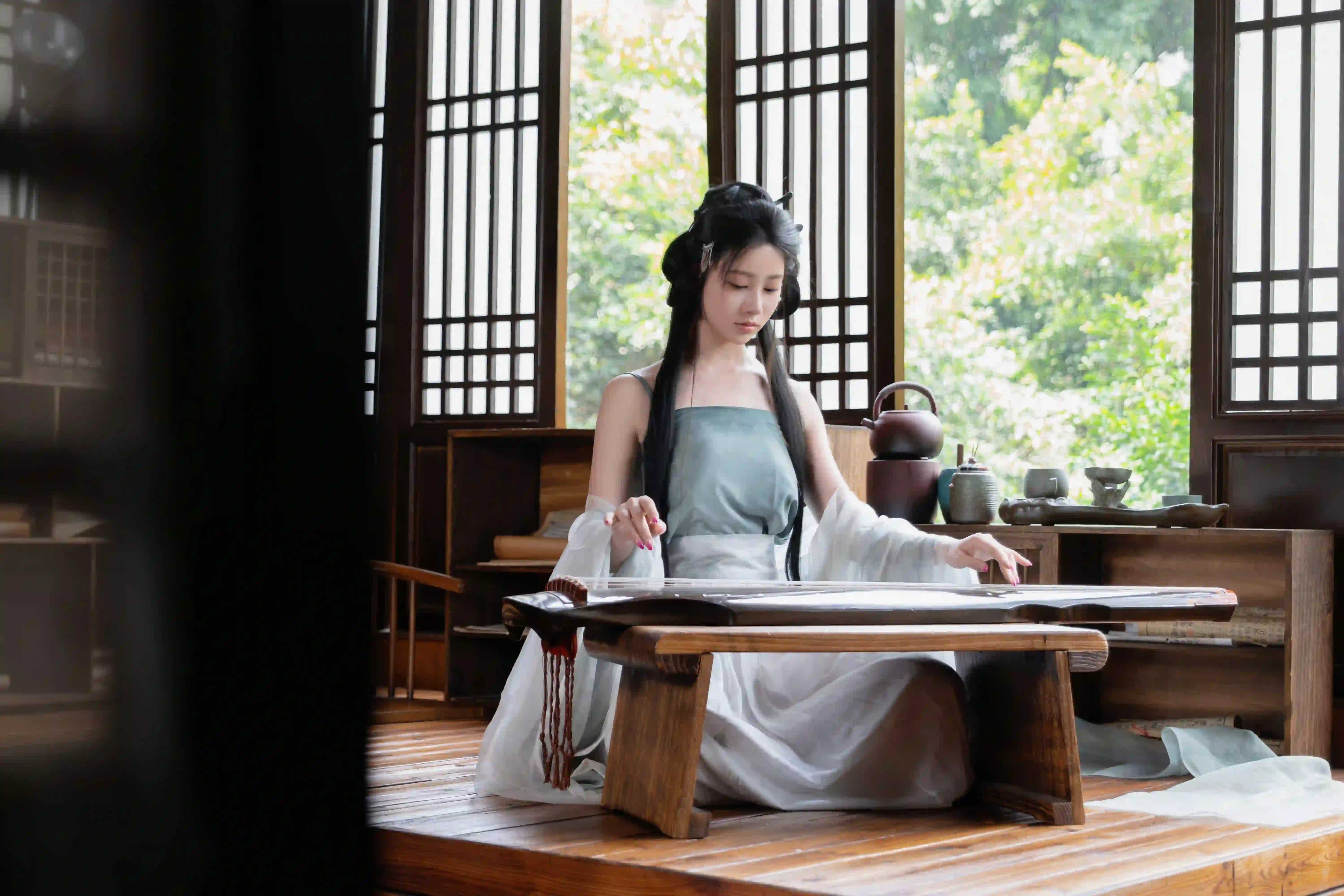 古琴 古风汉服美女 性感美女 古风穿搭 居家 古风建筑