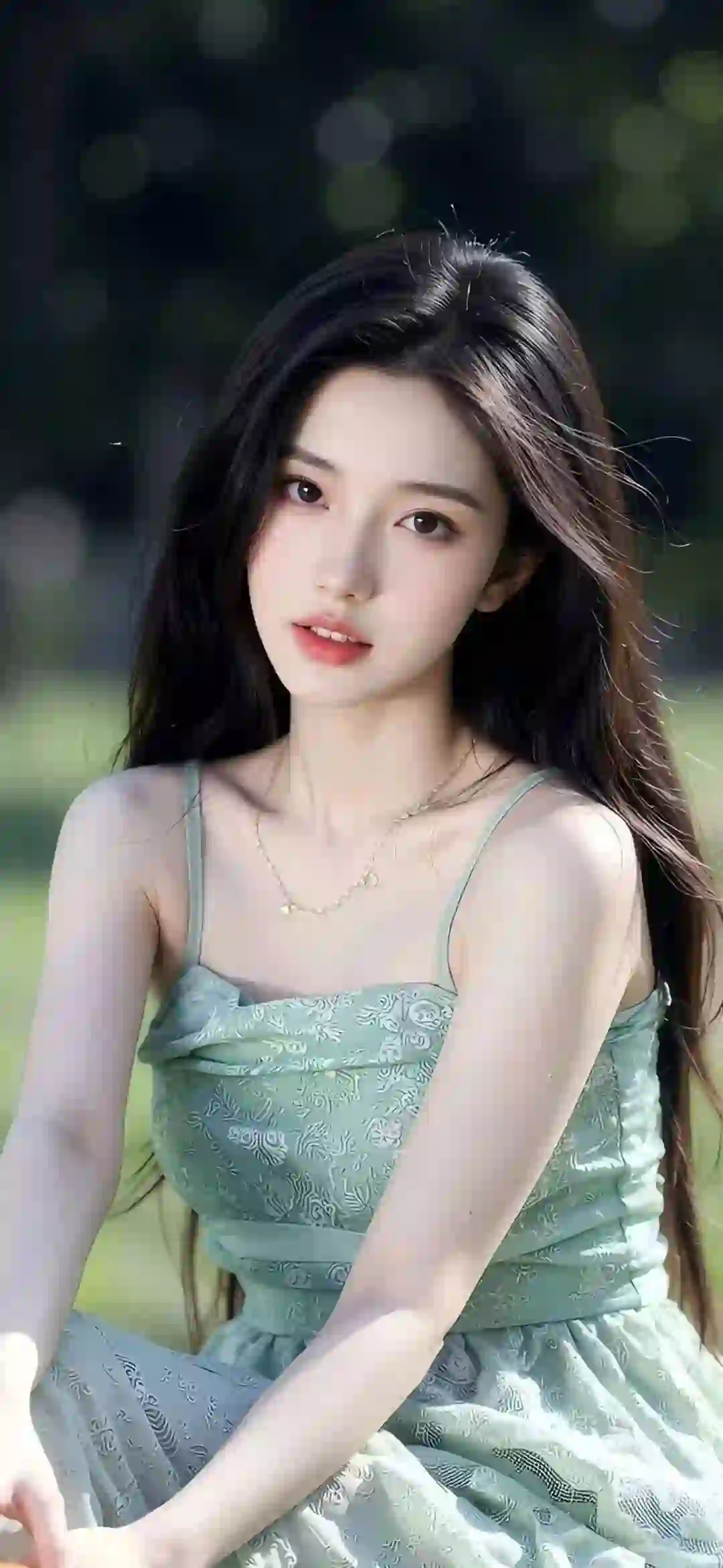 美女 长发美女 清纯 户外 优雅 绿色吊带 户外