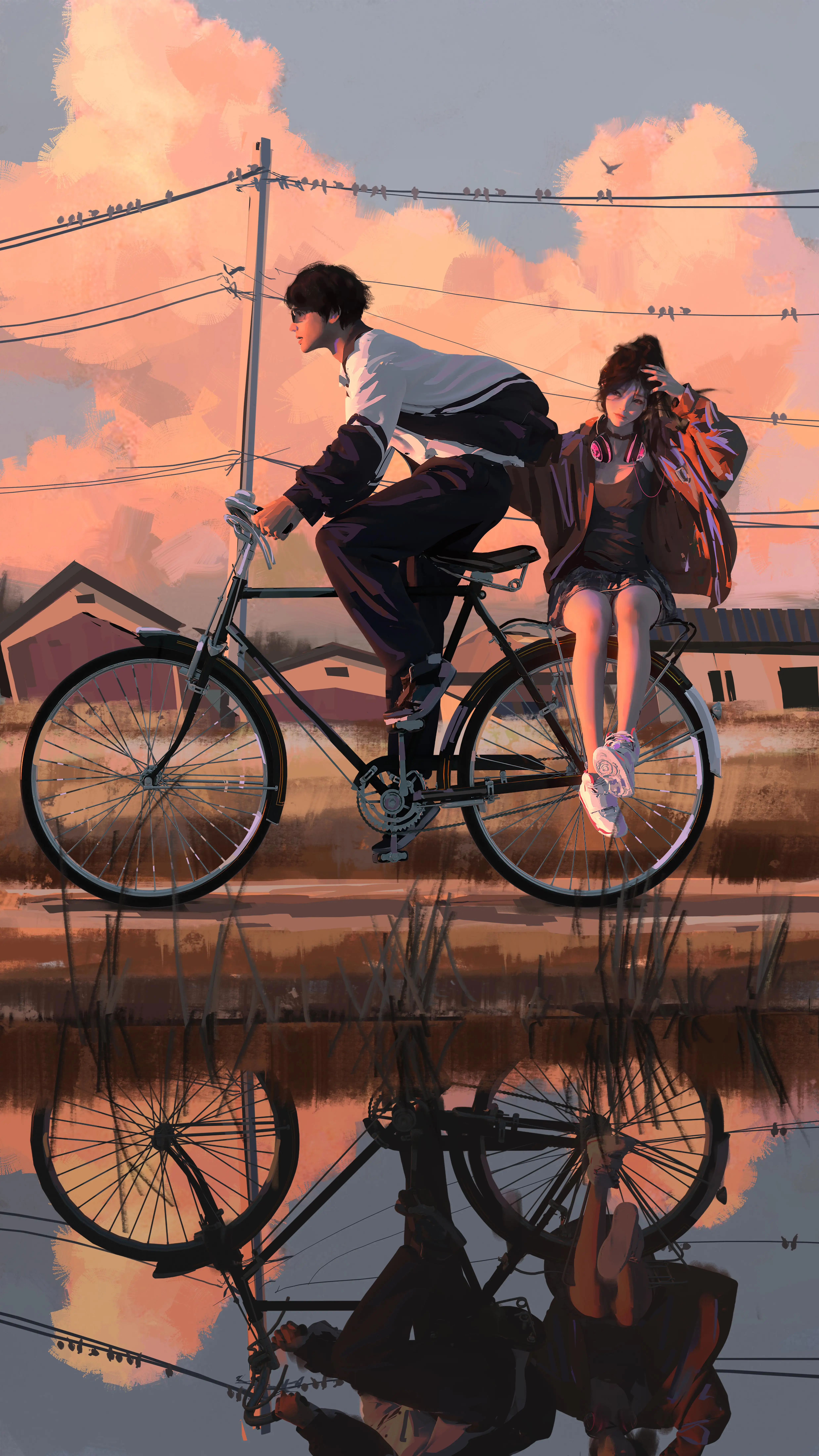 骑自行车的情侣｜wlop