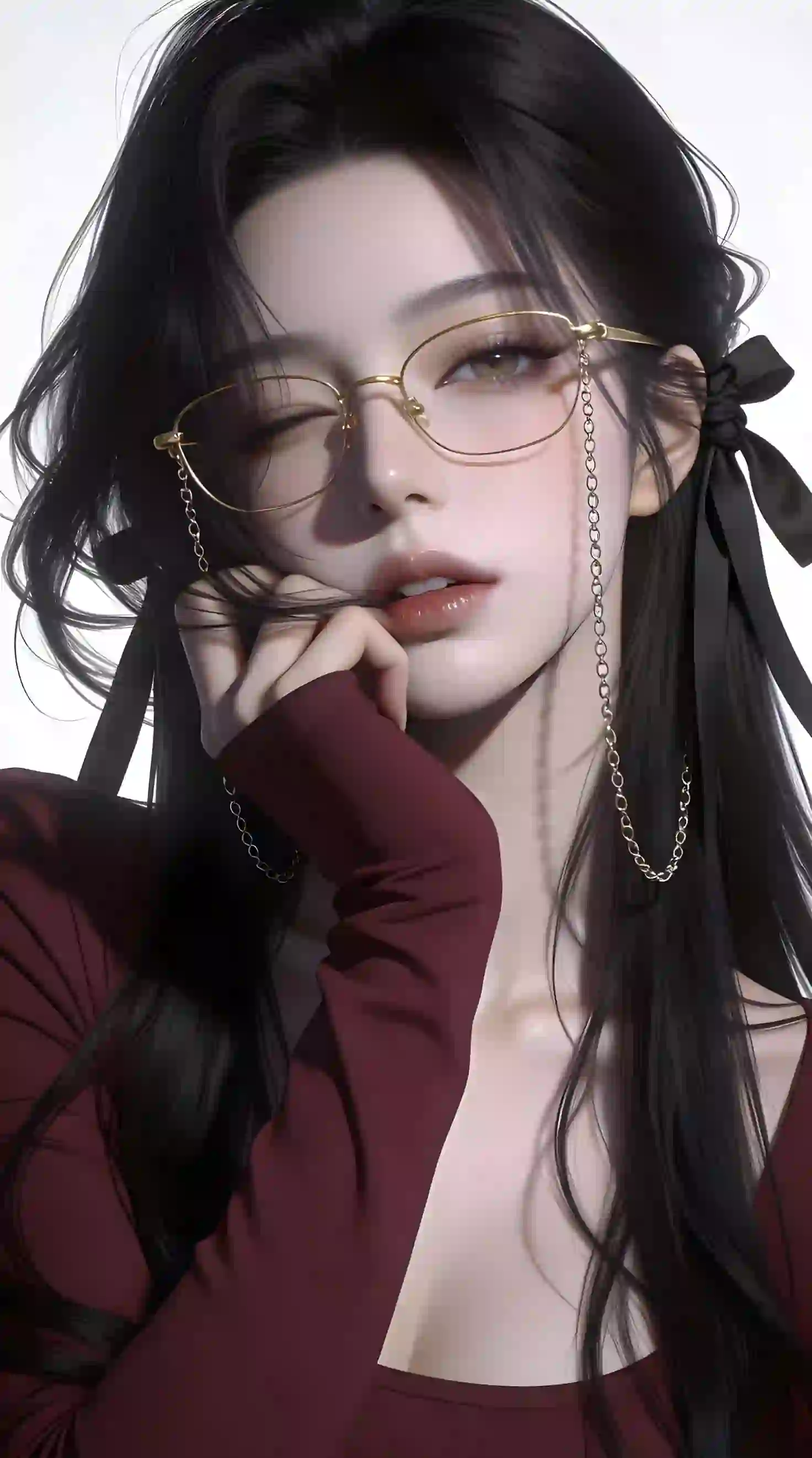 黑丝带金链眼镜少女 写实精致风 高级感