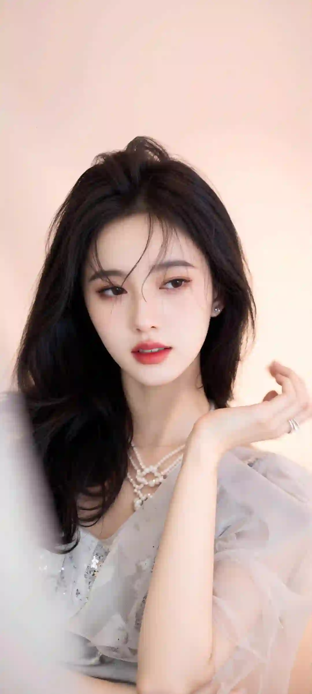 长发清纯美女 鞠婧祎 小清新 唯美 白色薄纱长裙 珍珠项链