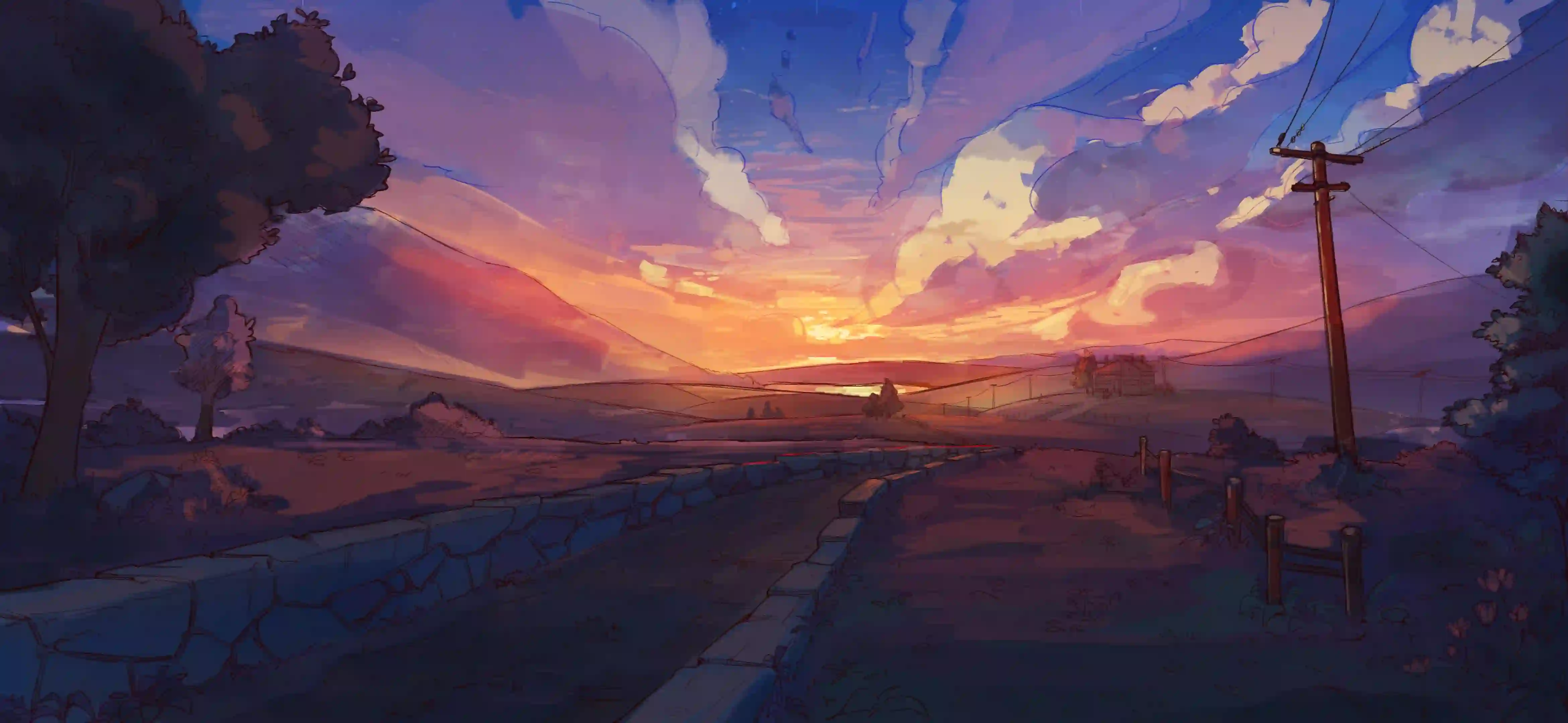 动漫风景 黄昏夕阳 乡村全景 治愈风景 高清壁纸