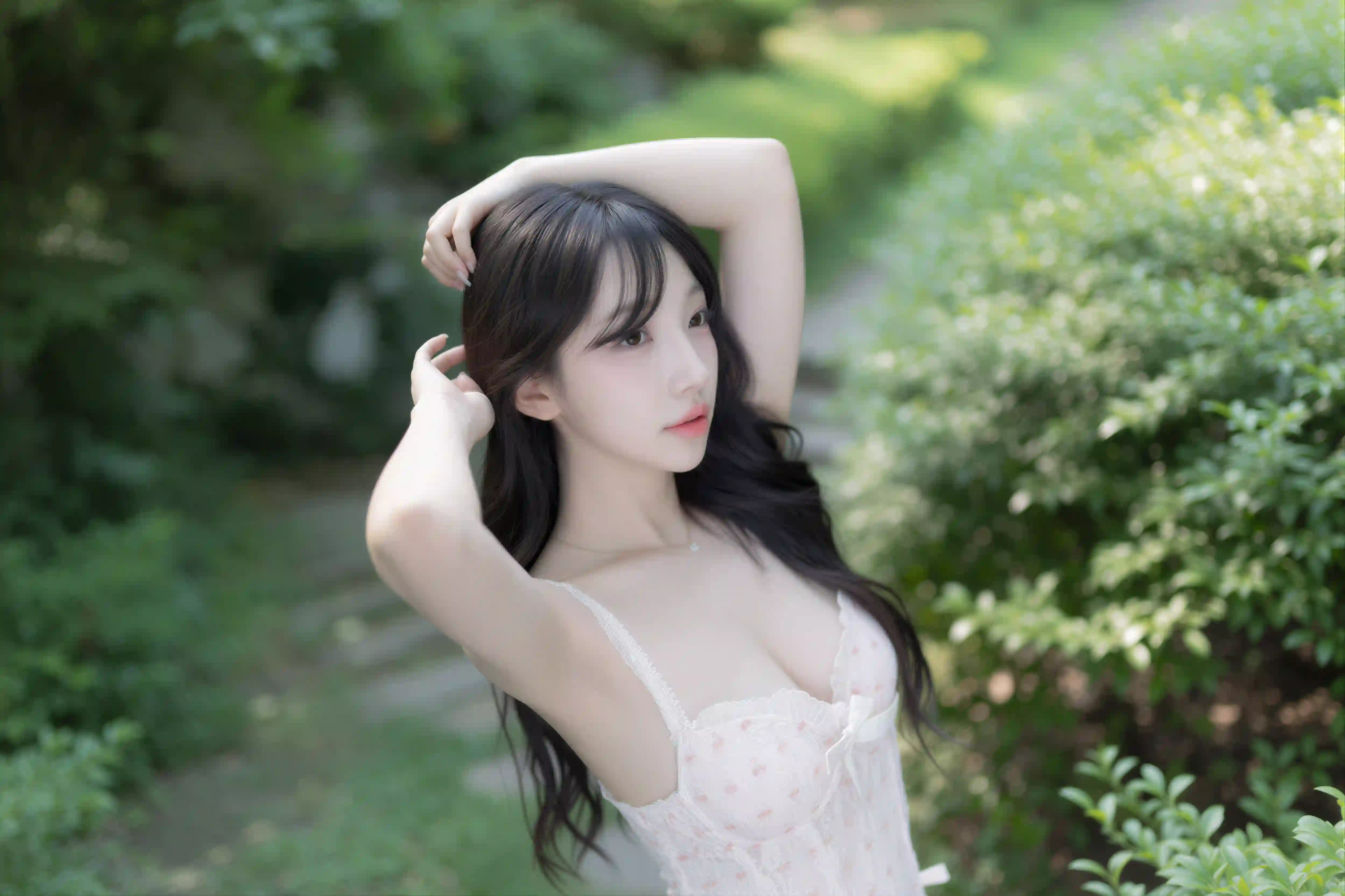 长发美女 清新少女 人像摄影 绿植背景 白色蕾丝裙