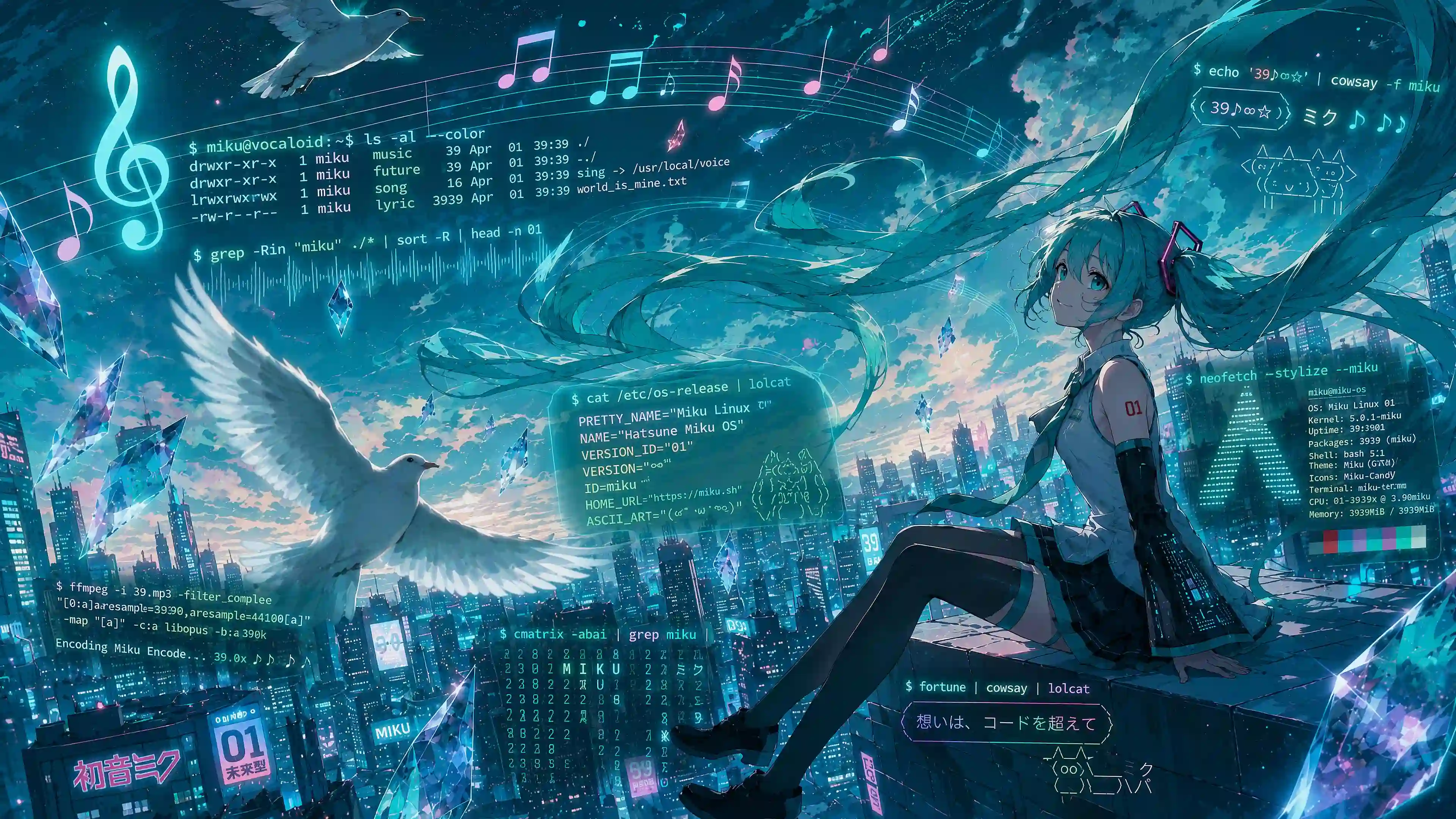 初音未来 二次元角色 音符 音乐 歌姬 双马尾女孩 绿色头发