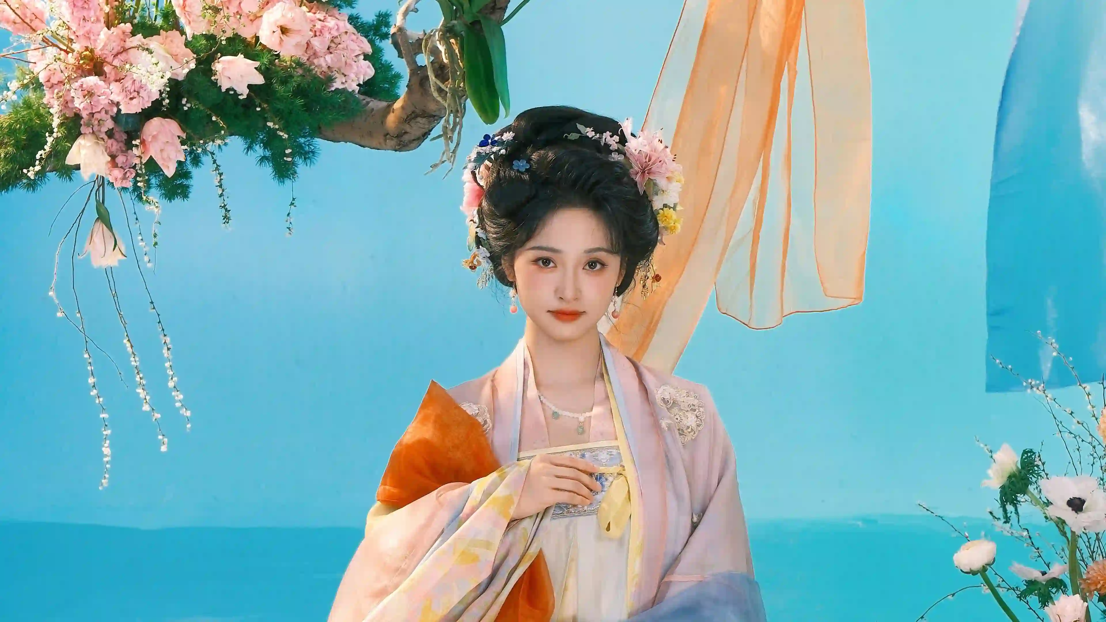 古风汉服 长发 优雅 蓝色背景 古风 
