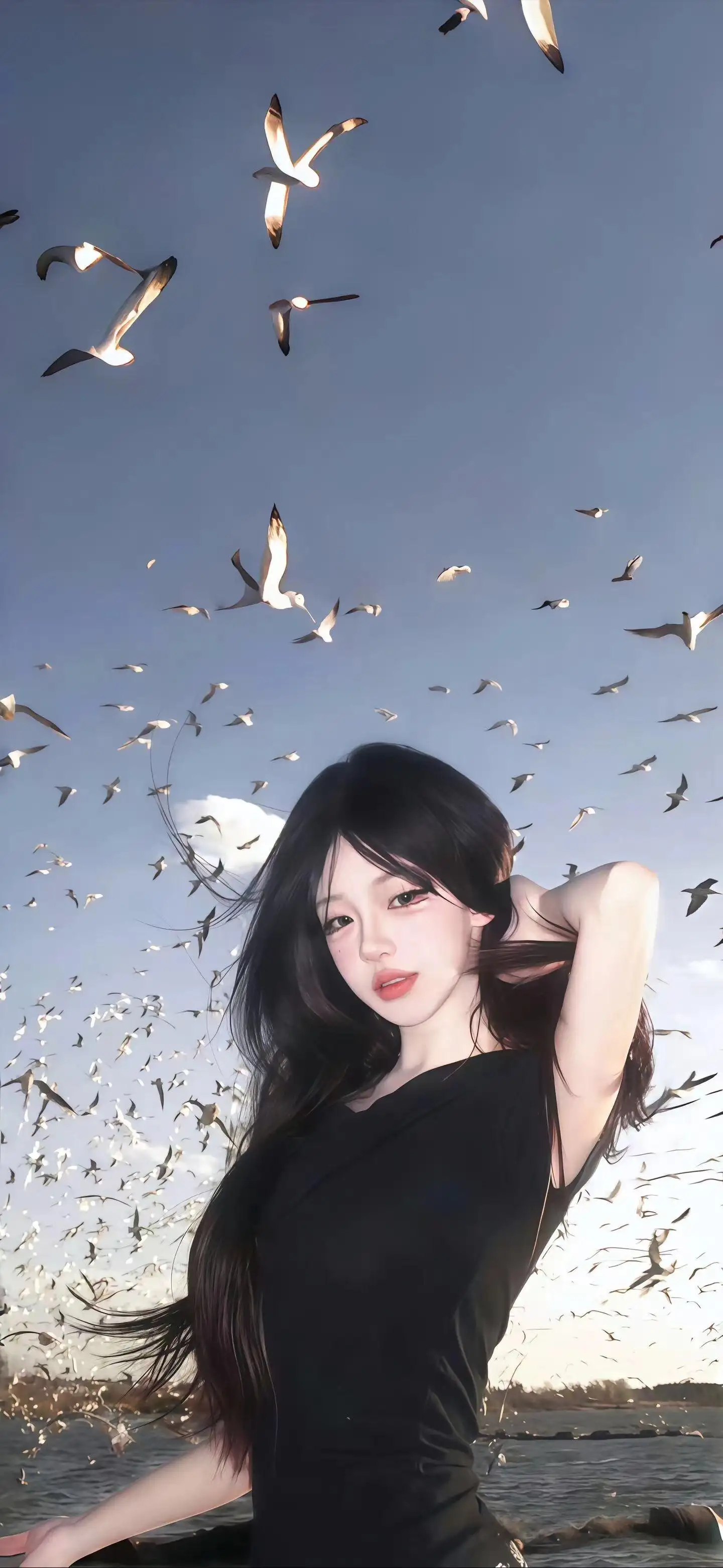 黑色衣服 长发美女 海边 鸽子