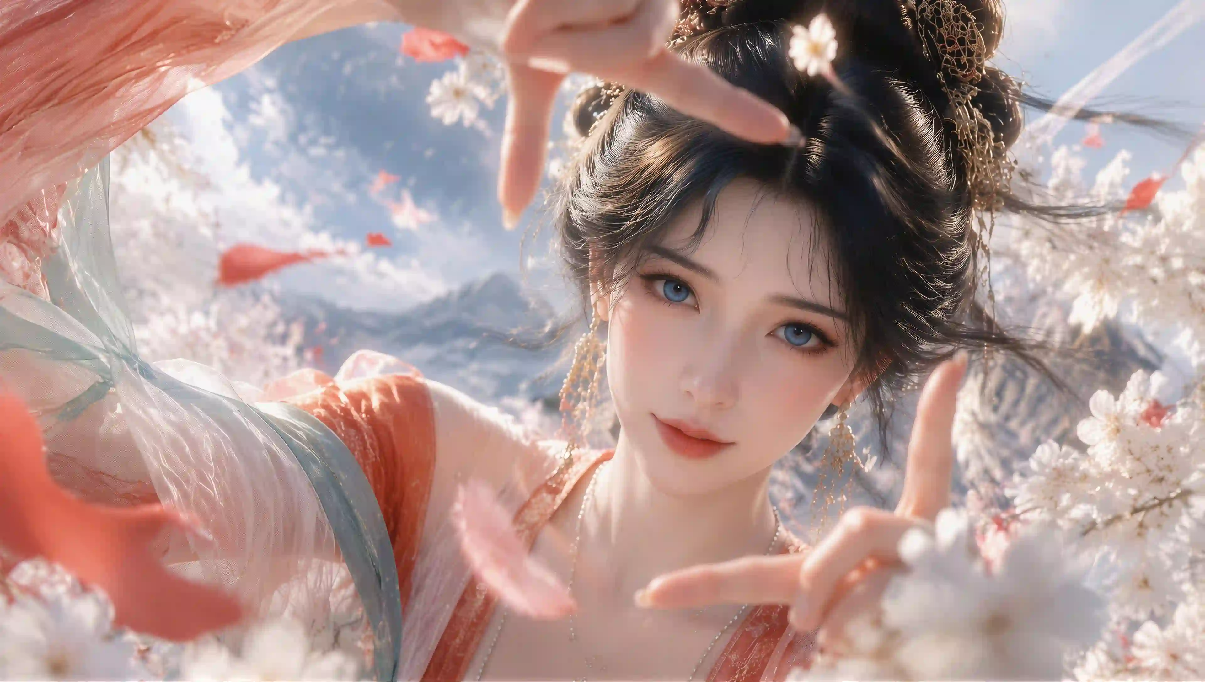 古风美女 樱花 汉服 蓝眼 特写 花瓣 飘逸 慕沛灵  
