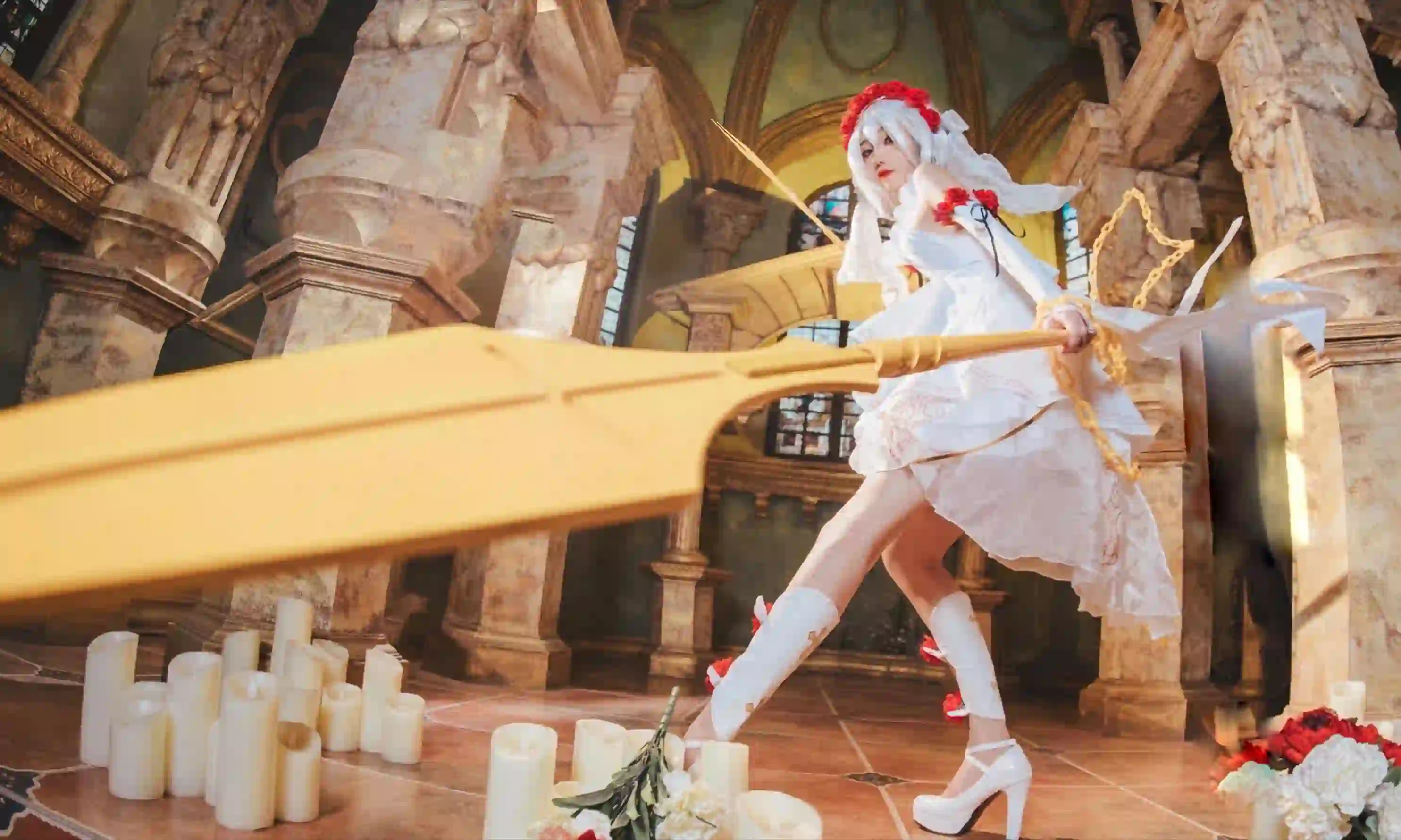 长发美女 白色长发 Coser 白裙少女 武器 高跟鞋