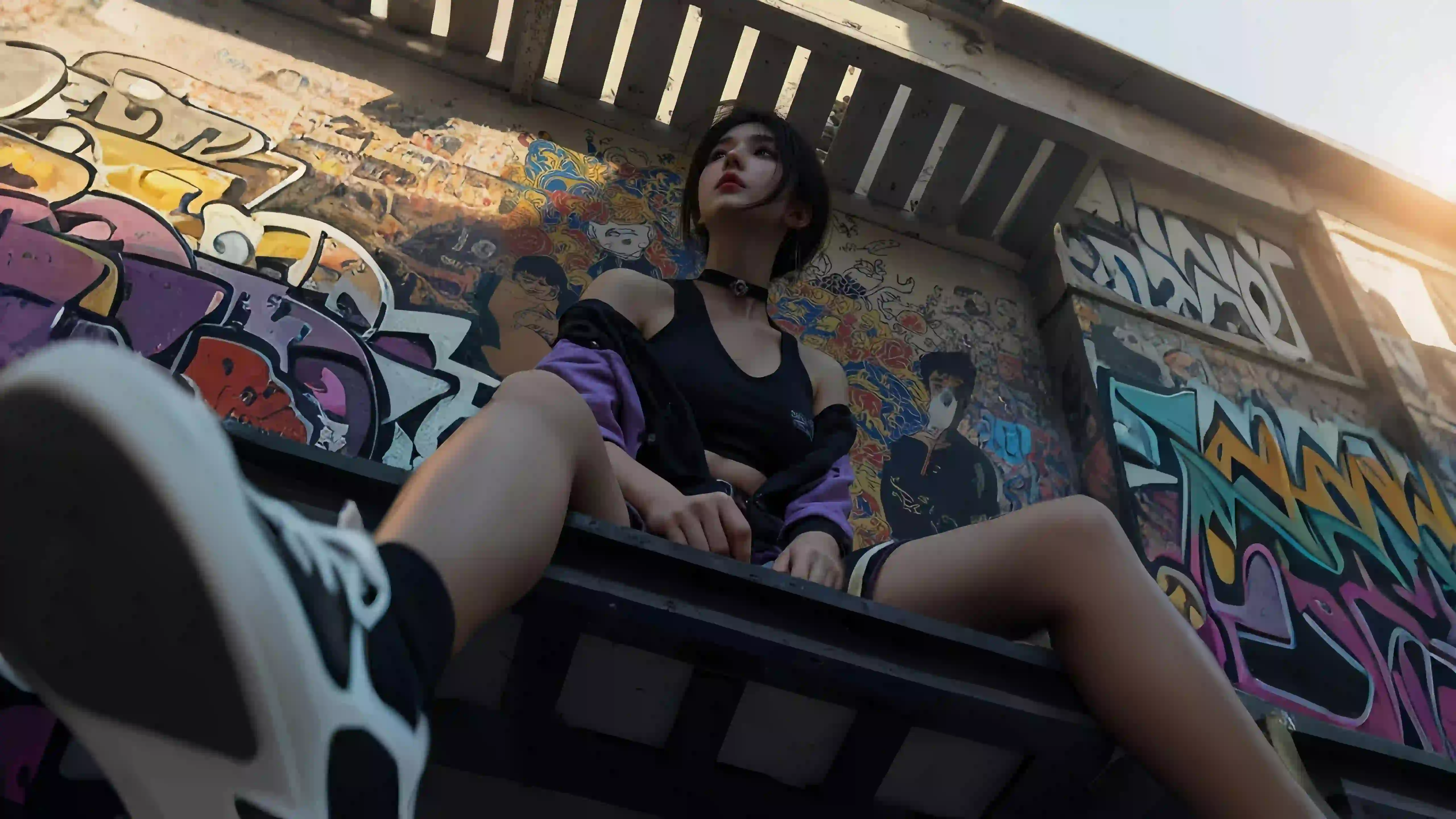 美女 长发美女 仰拍 涂鸦