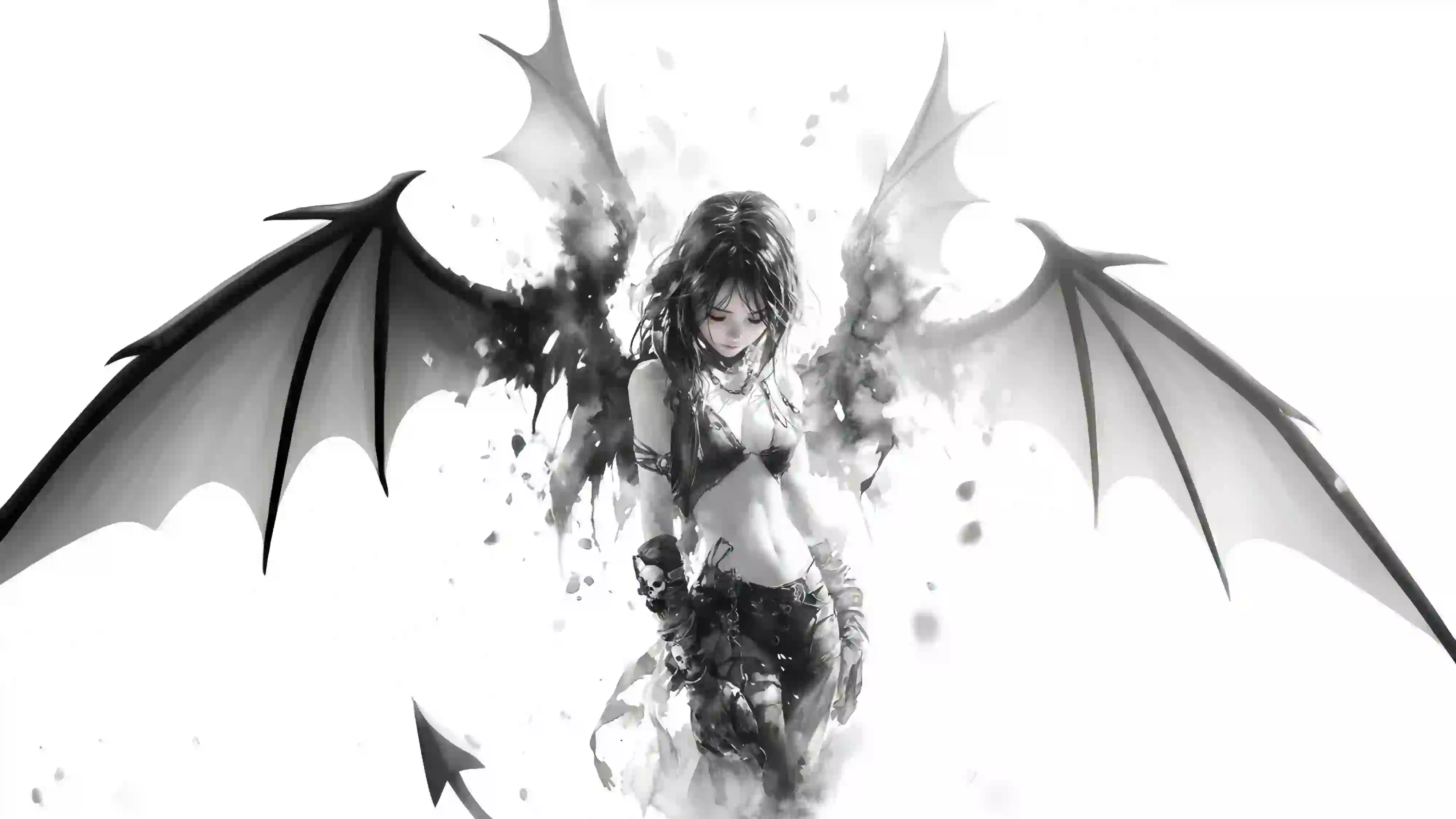 恶魔翅膀 动漫女孩 二次元 黑白风格