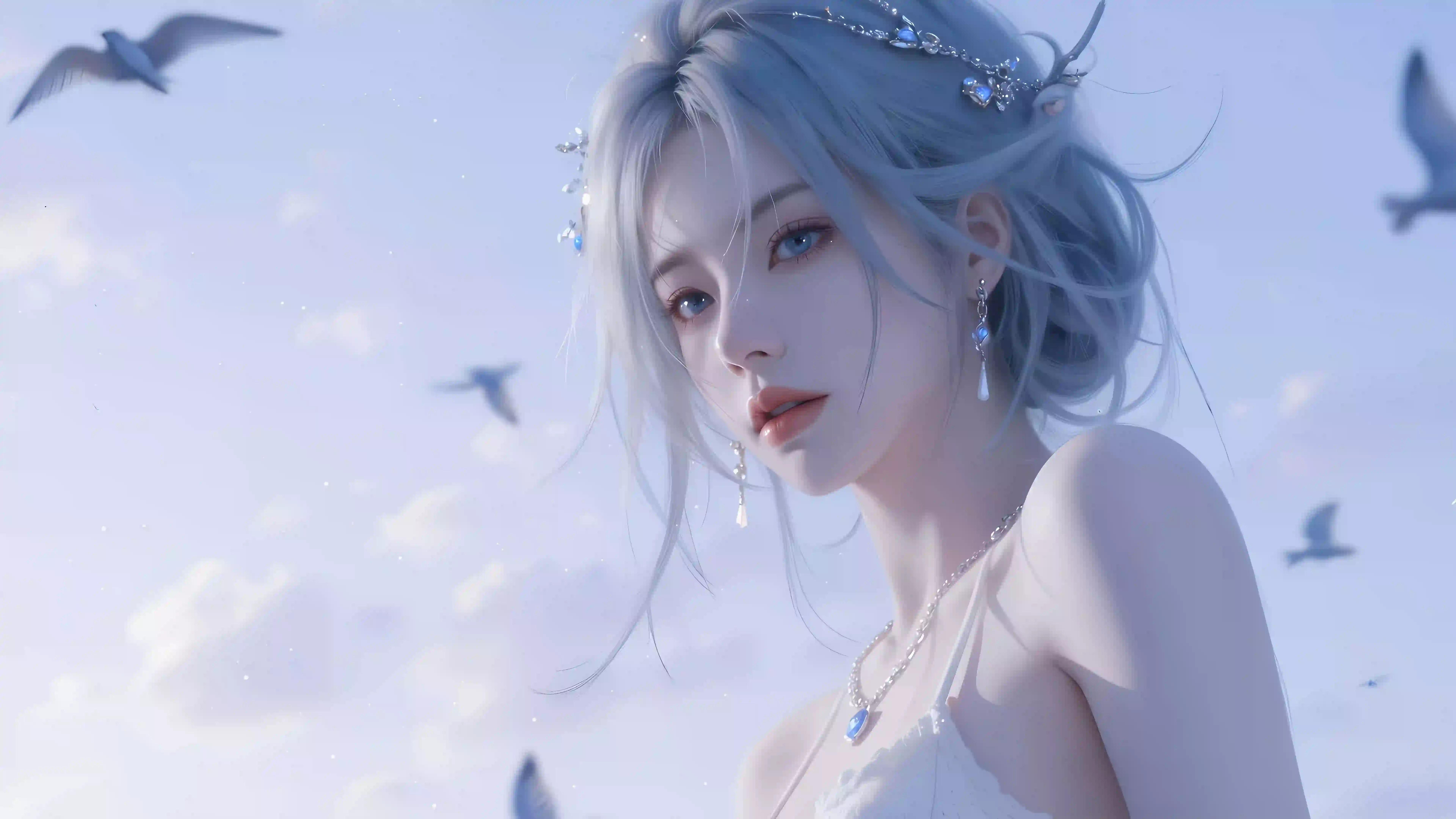 长发美女 性感美女 白色吊带 