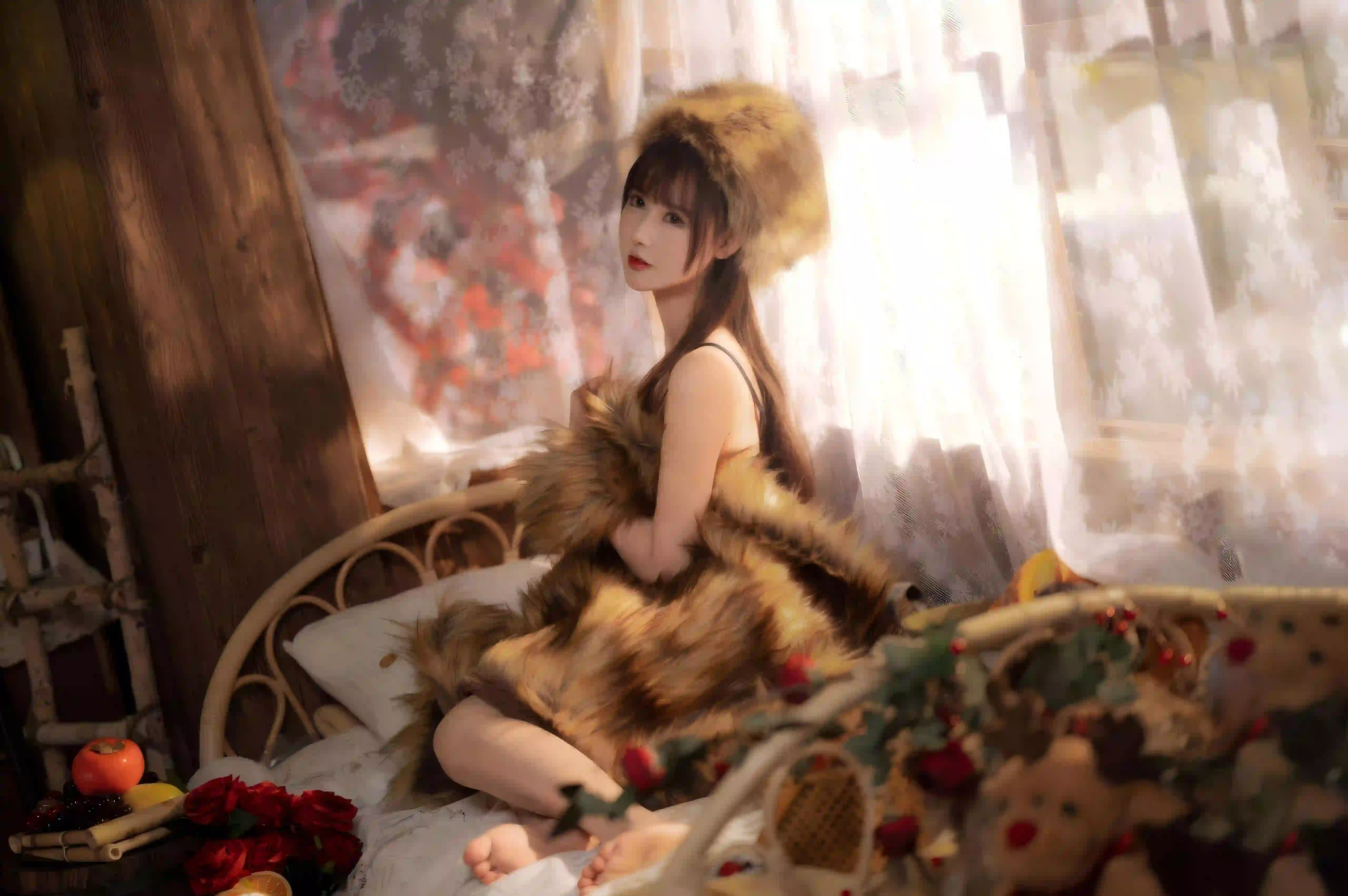 毛茸茸的帽子 吊带 长腿美女 私房写真