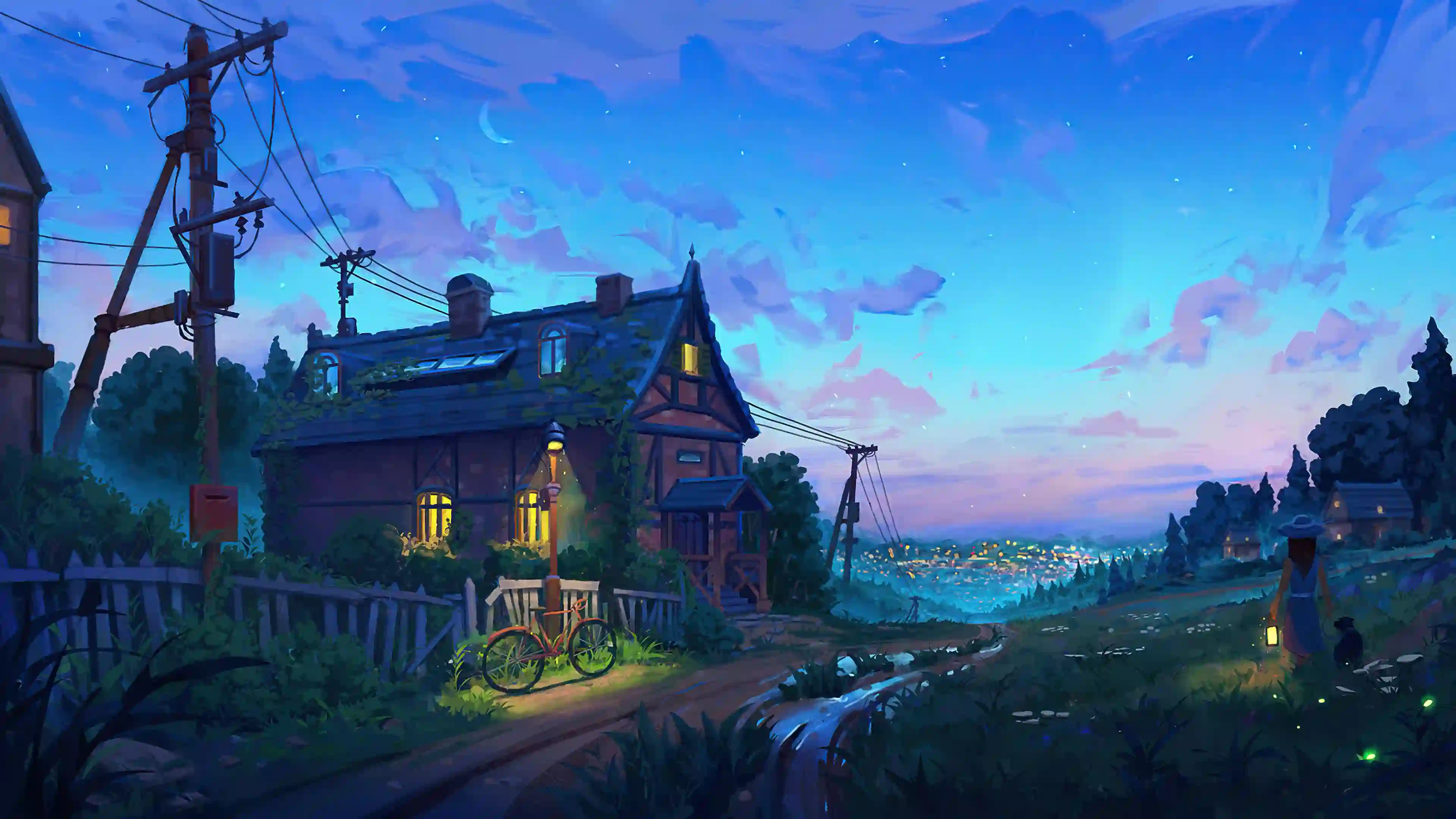 治愈风景 田园插画 黄昏小镇 提灯少女 萤火虫 乡村夜景