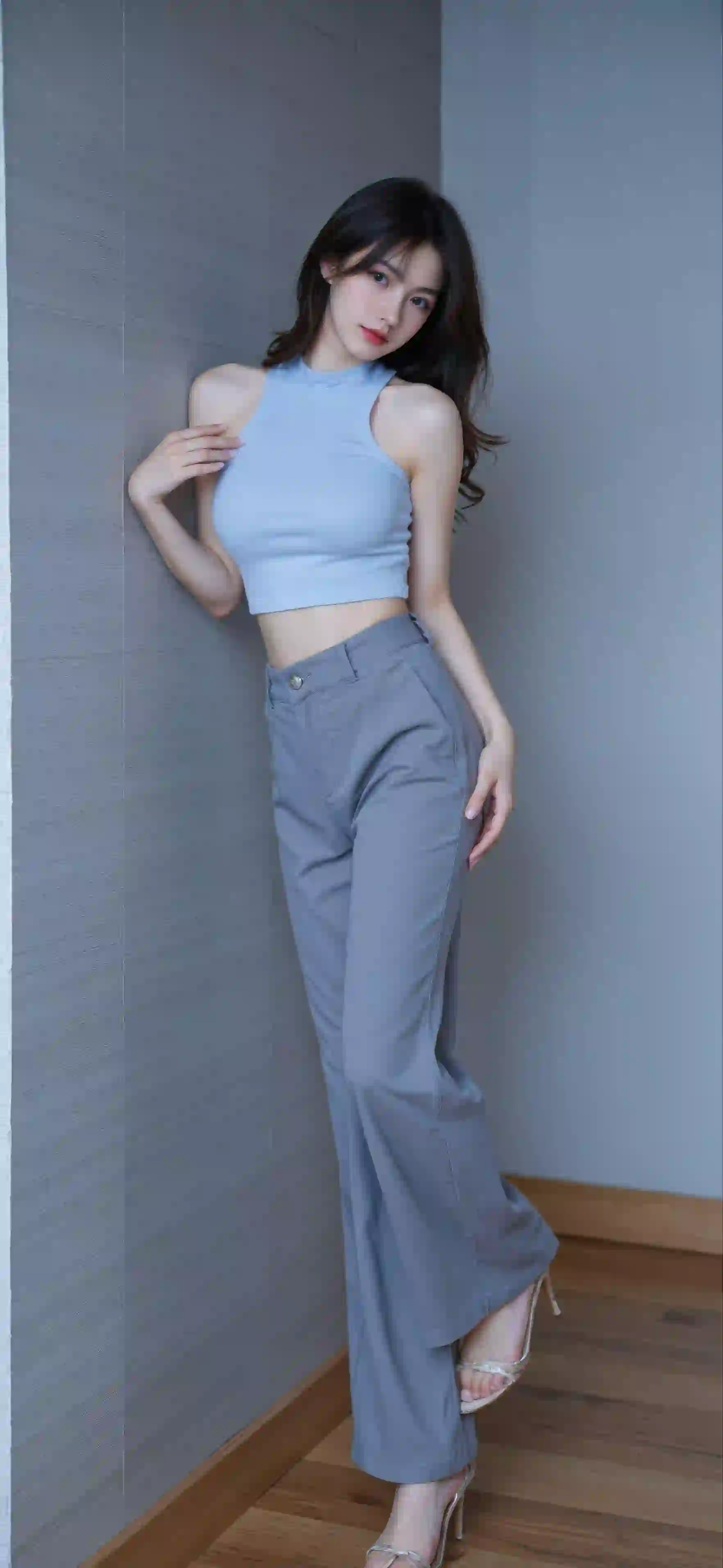 长发美女 个性穿搭 居家 灰色穿搭 长腿美女 高跟