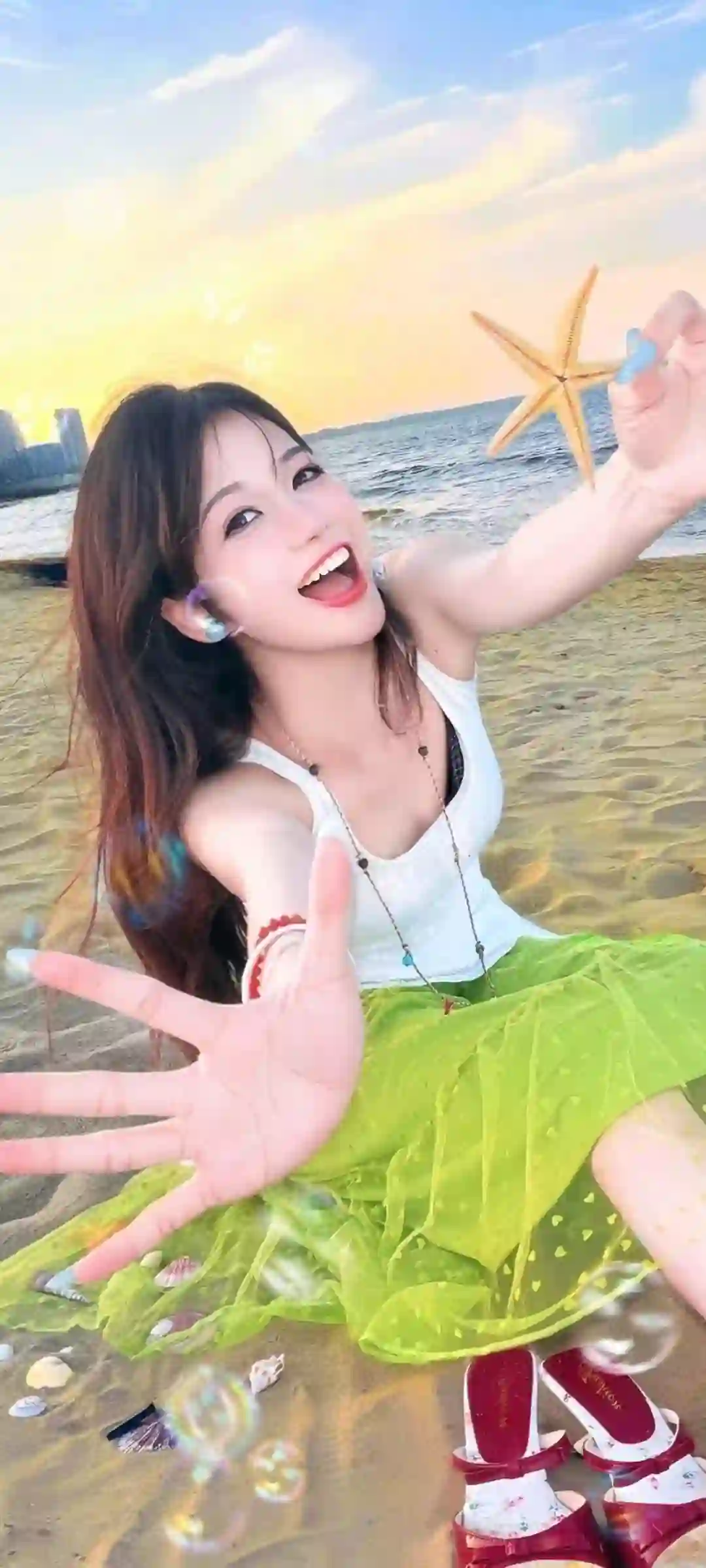 海滩 日落 少女 海星 夏日 海边写真 绿裙