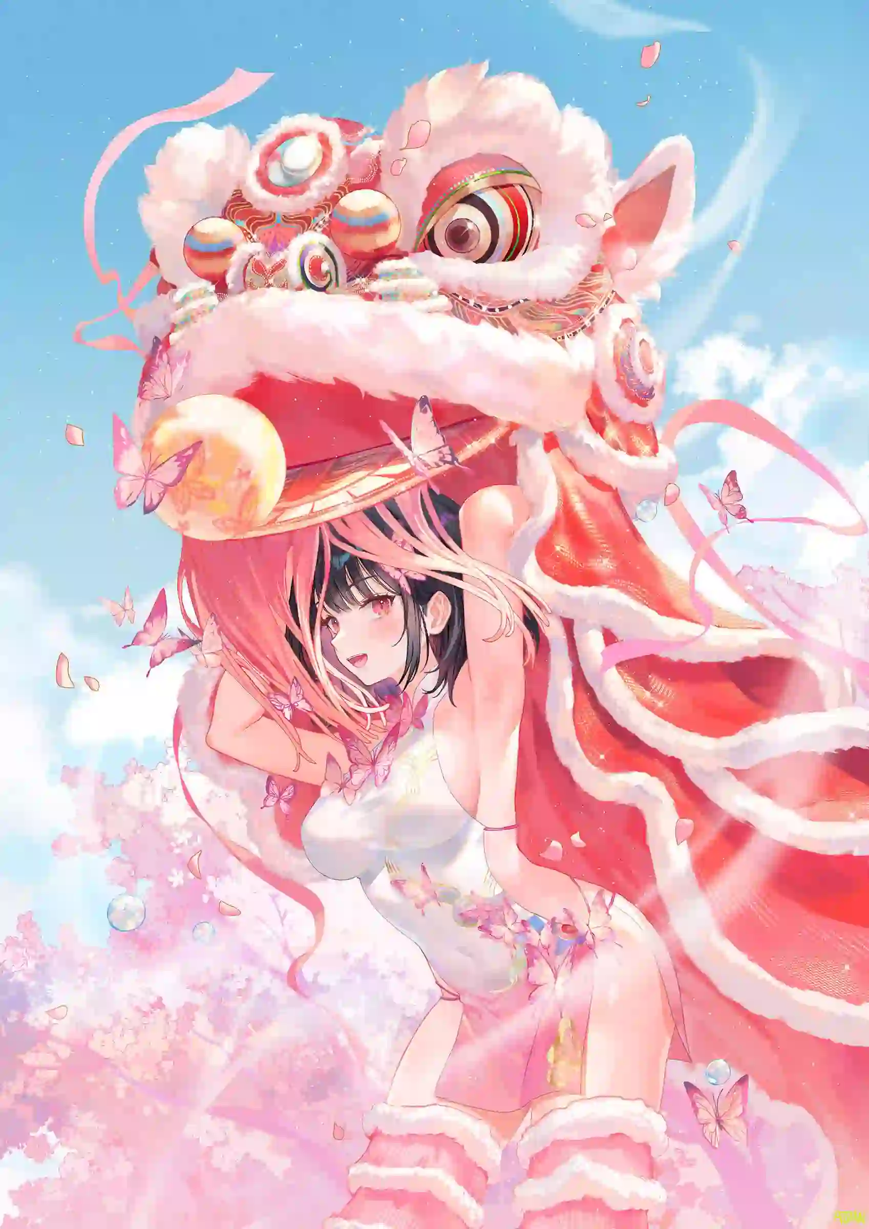 动漫女孩 中国风 粉红色的狮子 舞狮