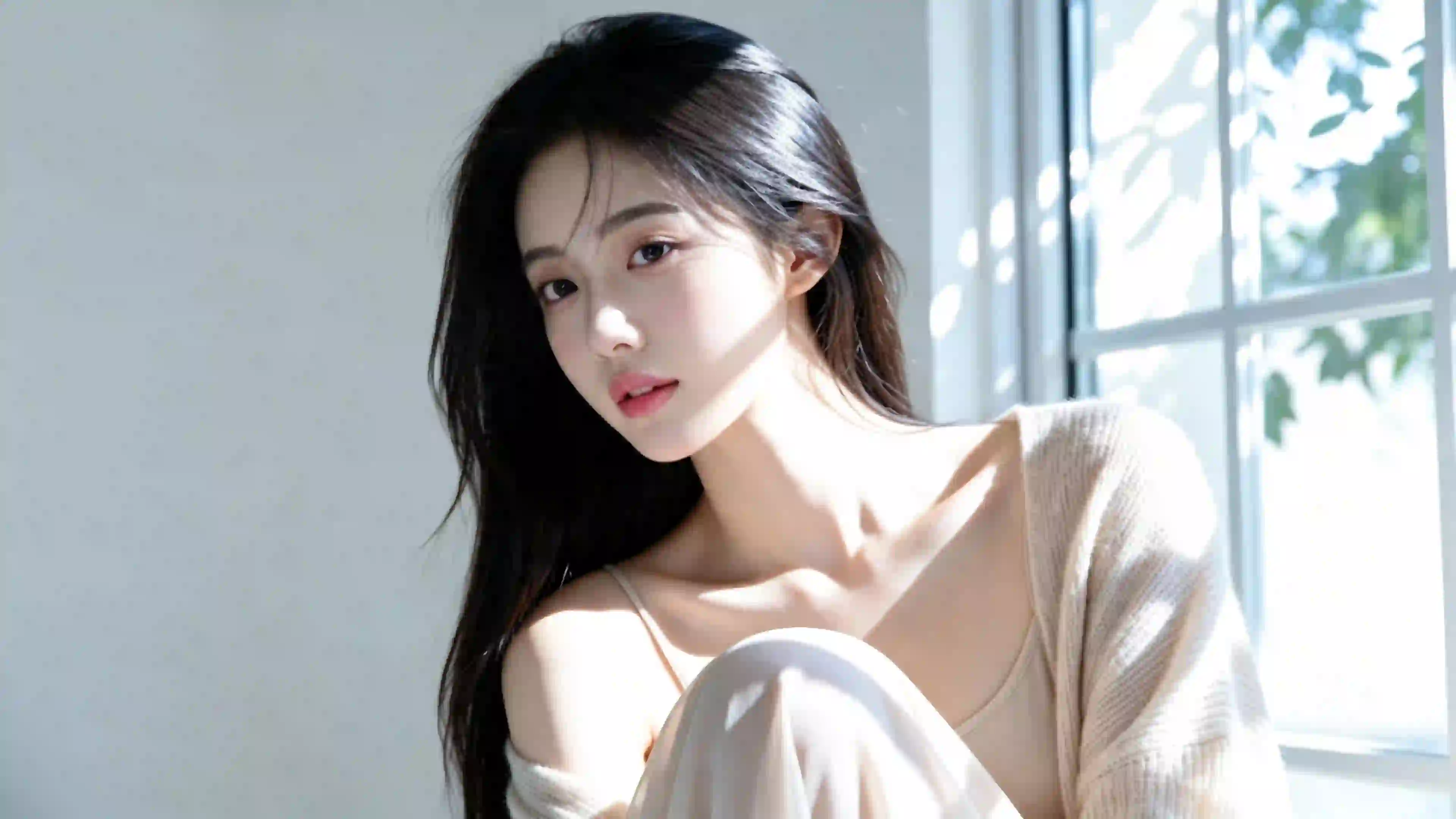 室内 窗户 阳光 长发清纯美女
