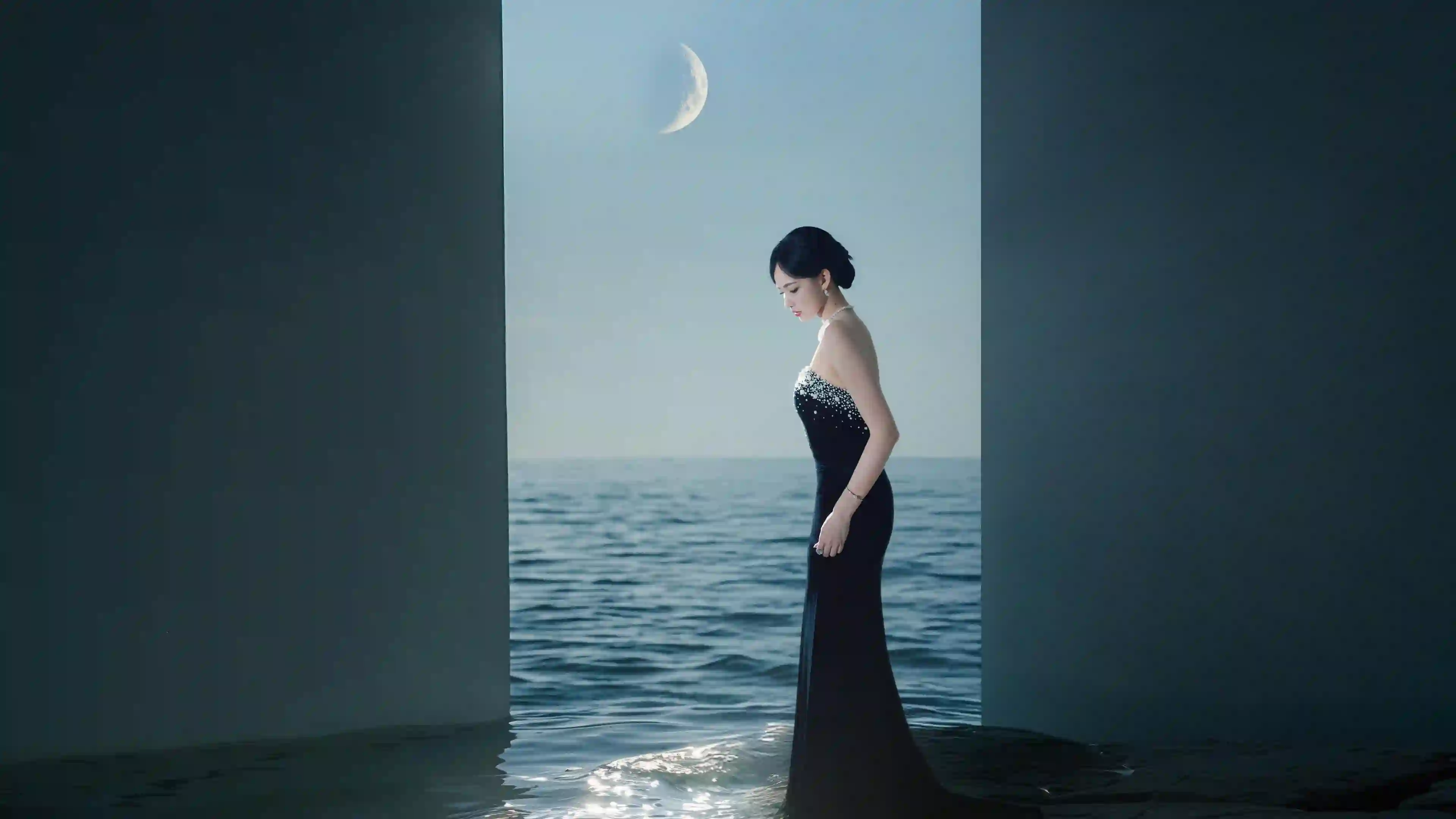 美女明星 程潇 月亮 方框构图