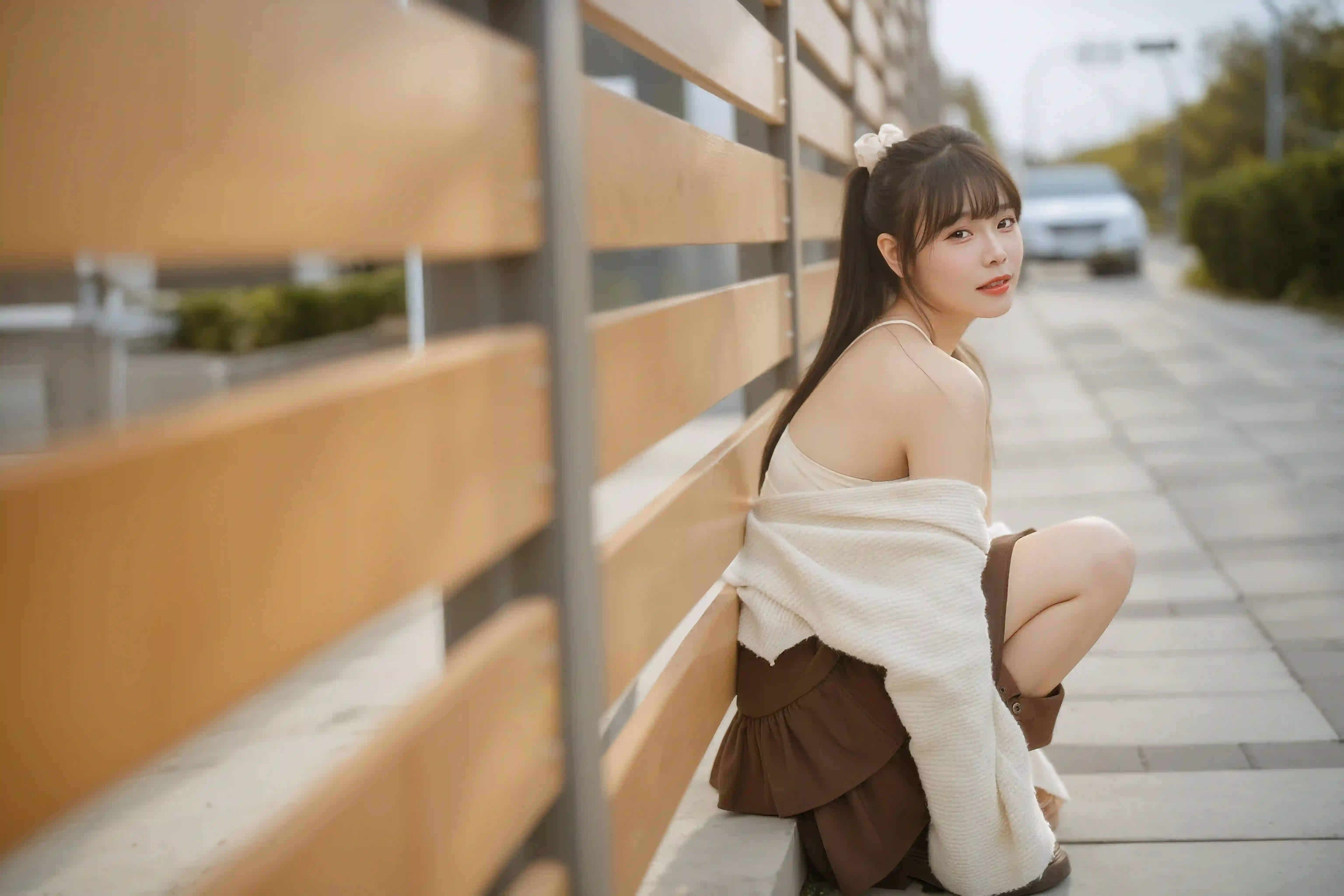 长发白裙女孩 户外写真 街道 露背