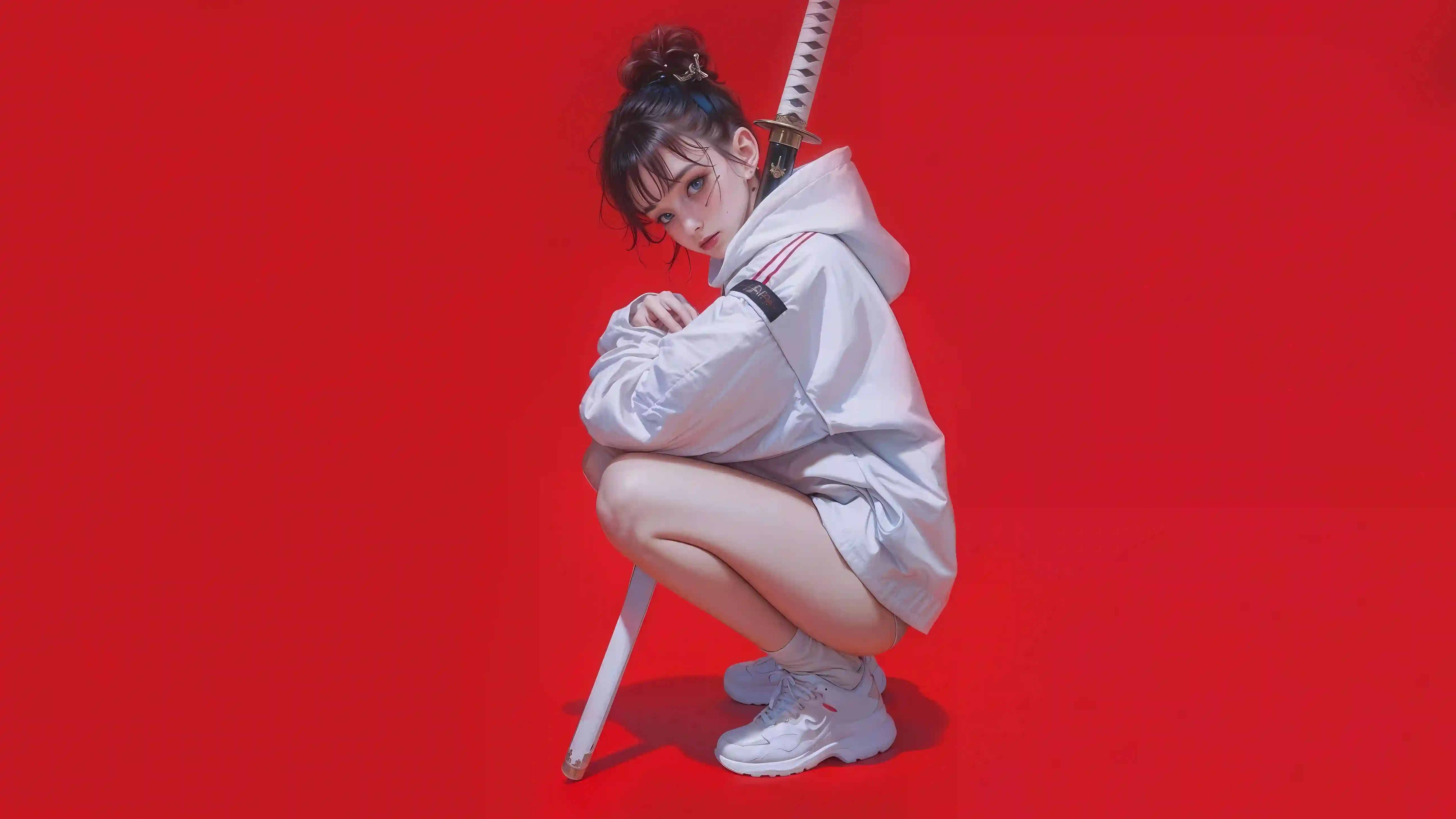 身着白色夹克衣短裤的AI美少女 红色背景 武士刀