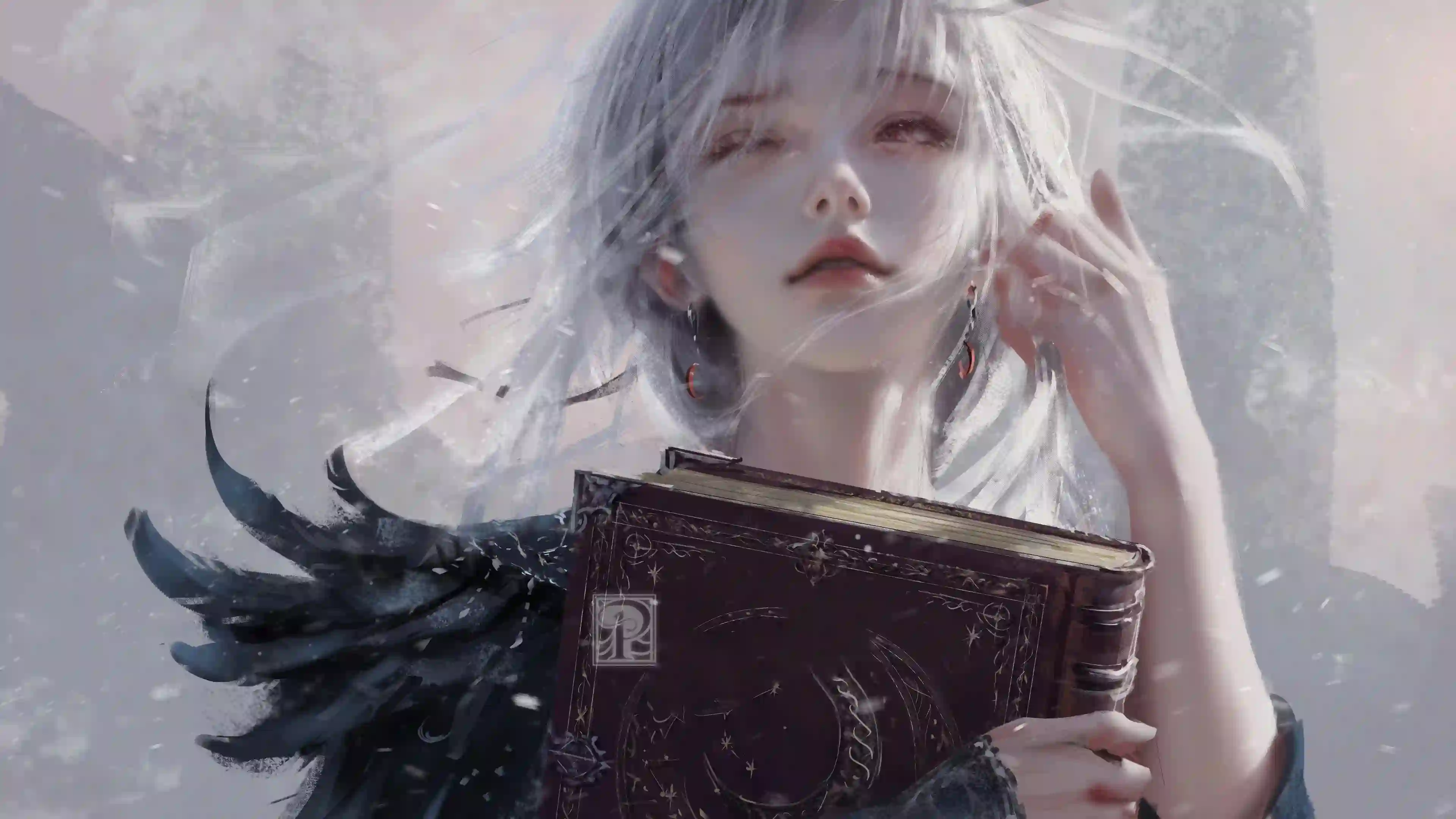 银发少女 奇幻艺术 红眼 持书插画 飘逸空灵 魔法书