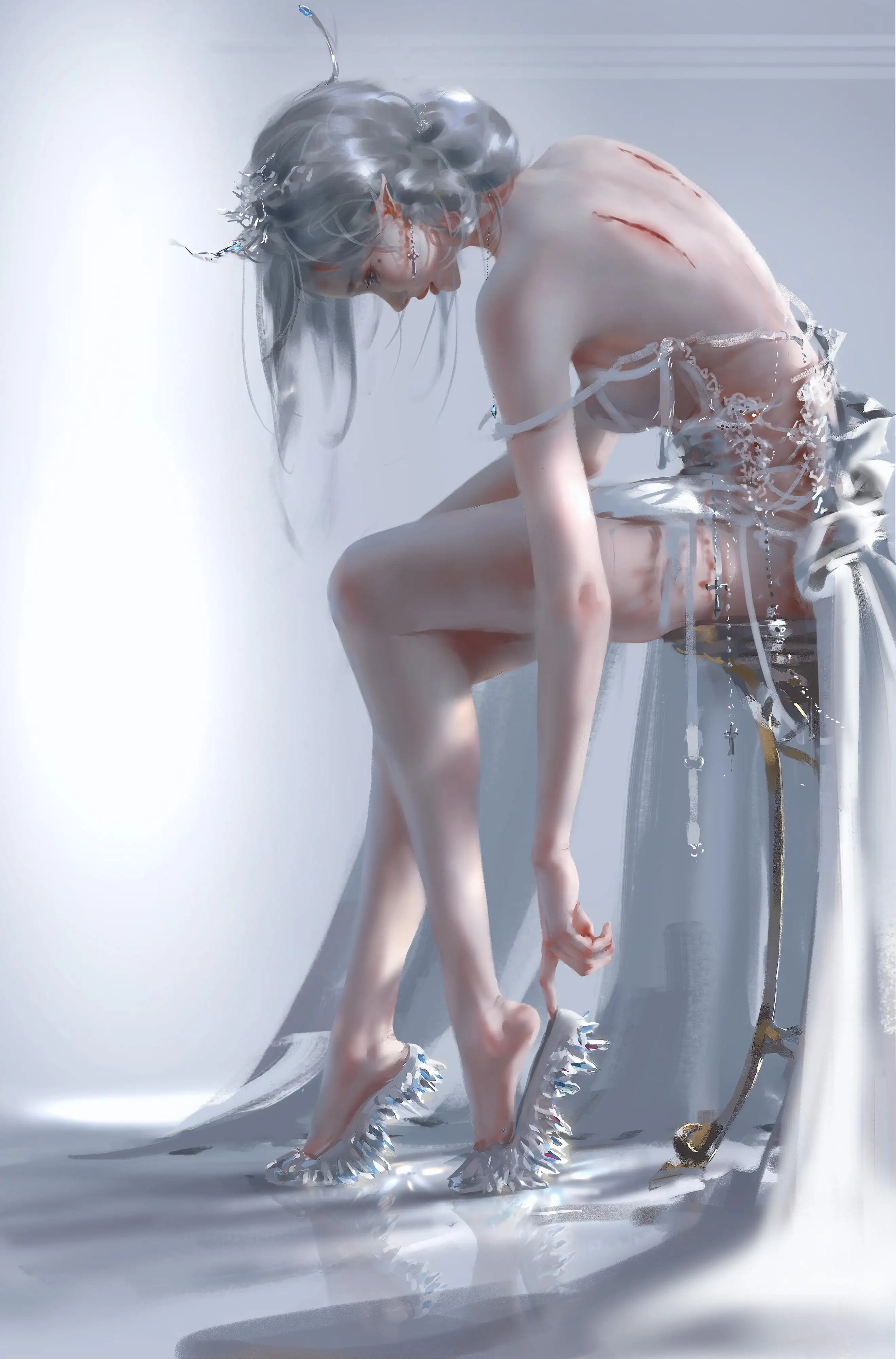 长发美女 银色头发 长腿  wlop