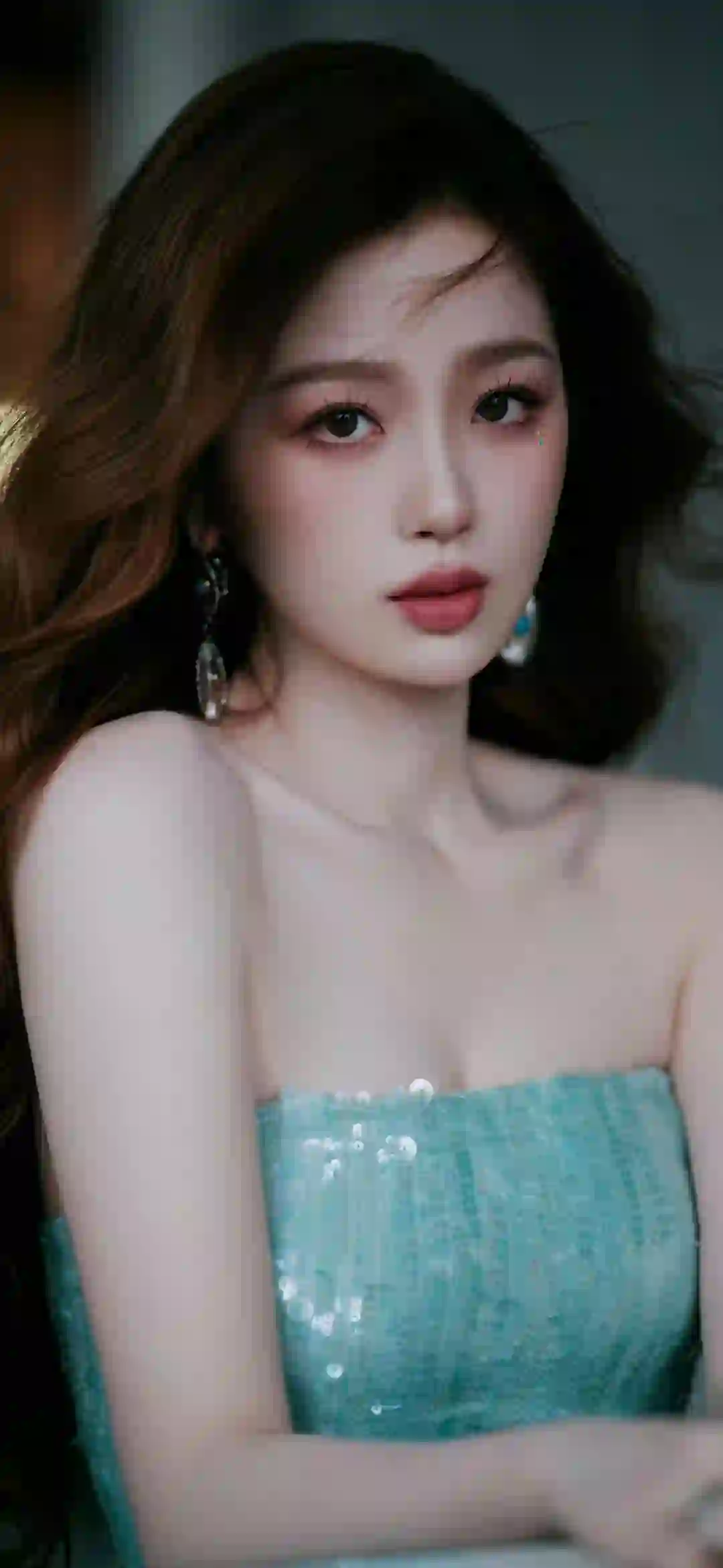 长发抹胸美女 性感美女 虞书欣 蓝色抹胸裙子