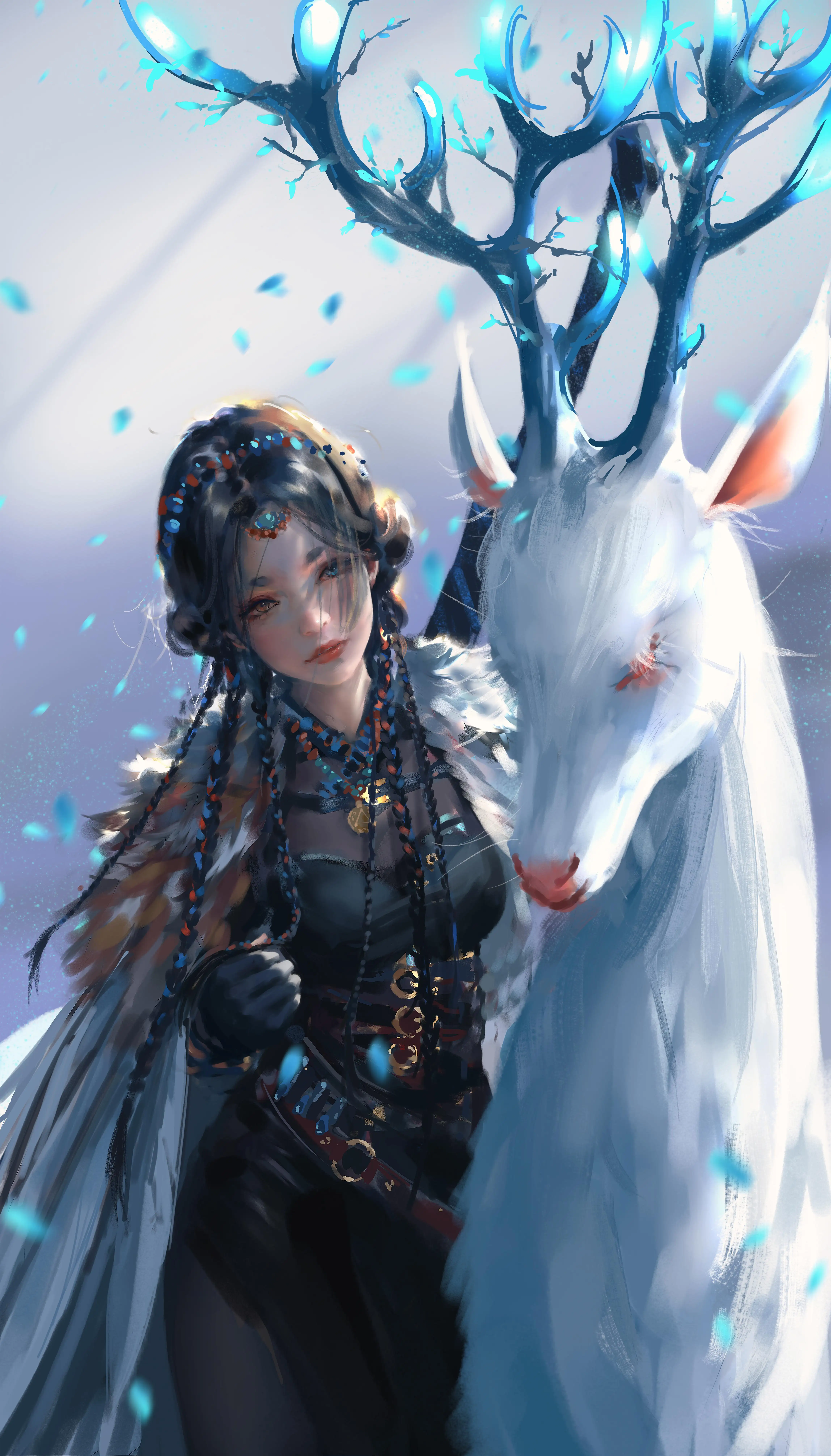 白色鹿｜长发女孩｜wlop