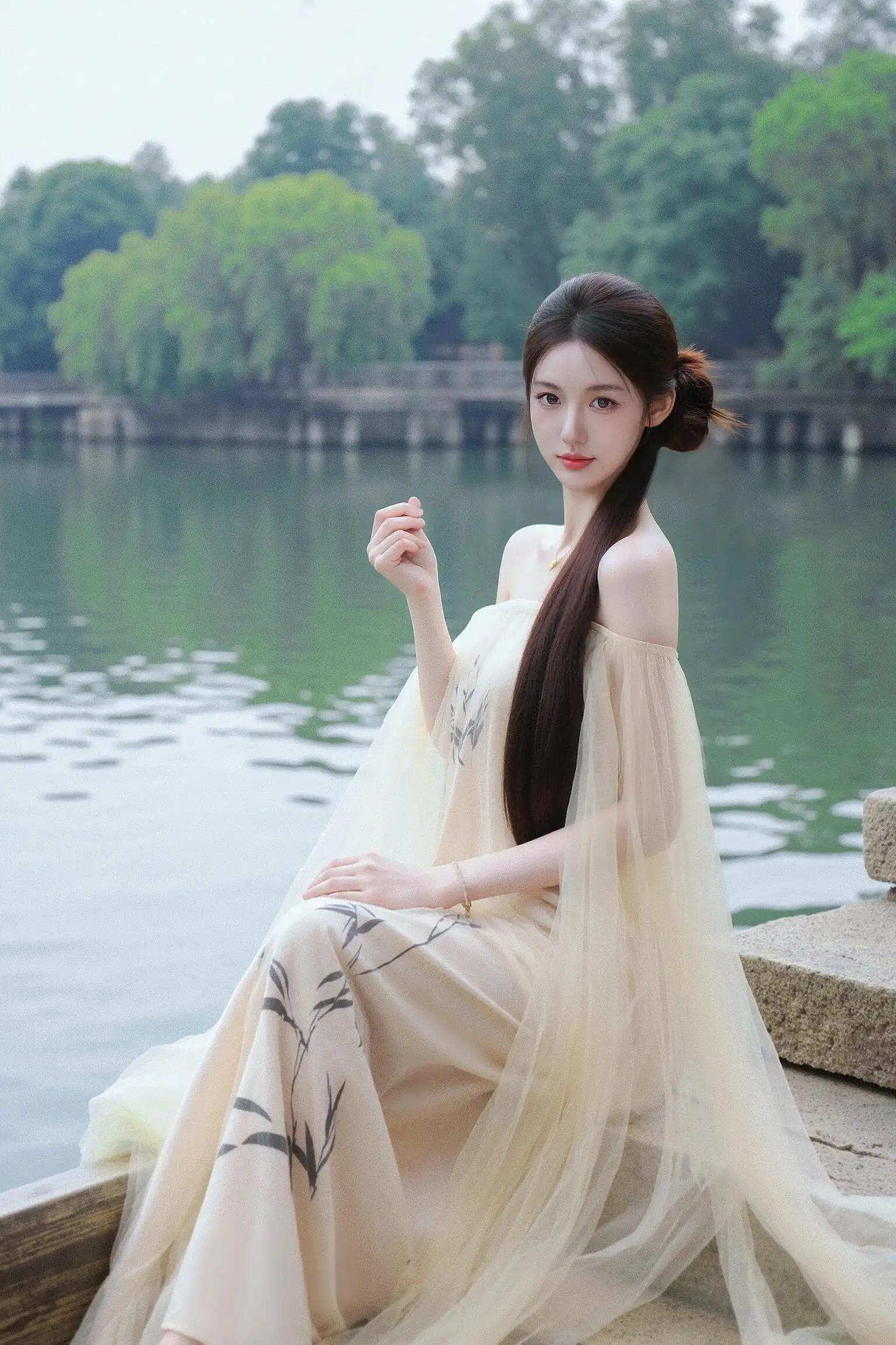 湖边的长发白裙美女 抹胸穿搭 长发美女 户外写真