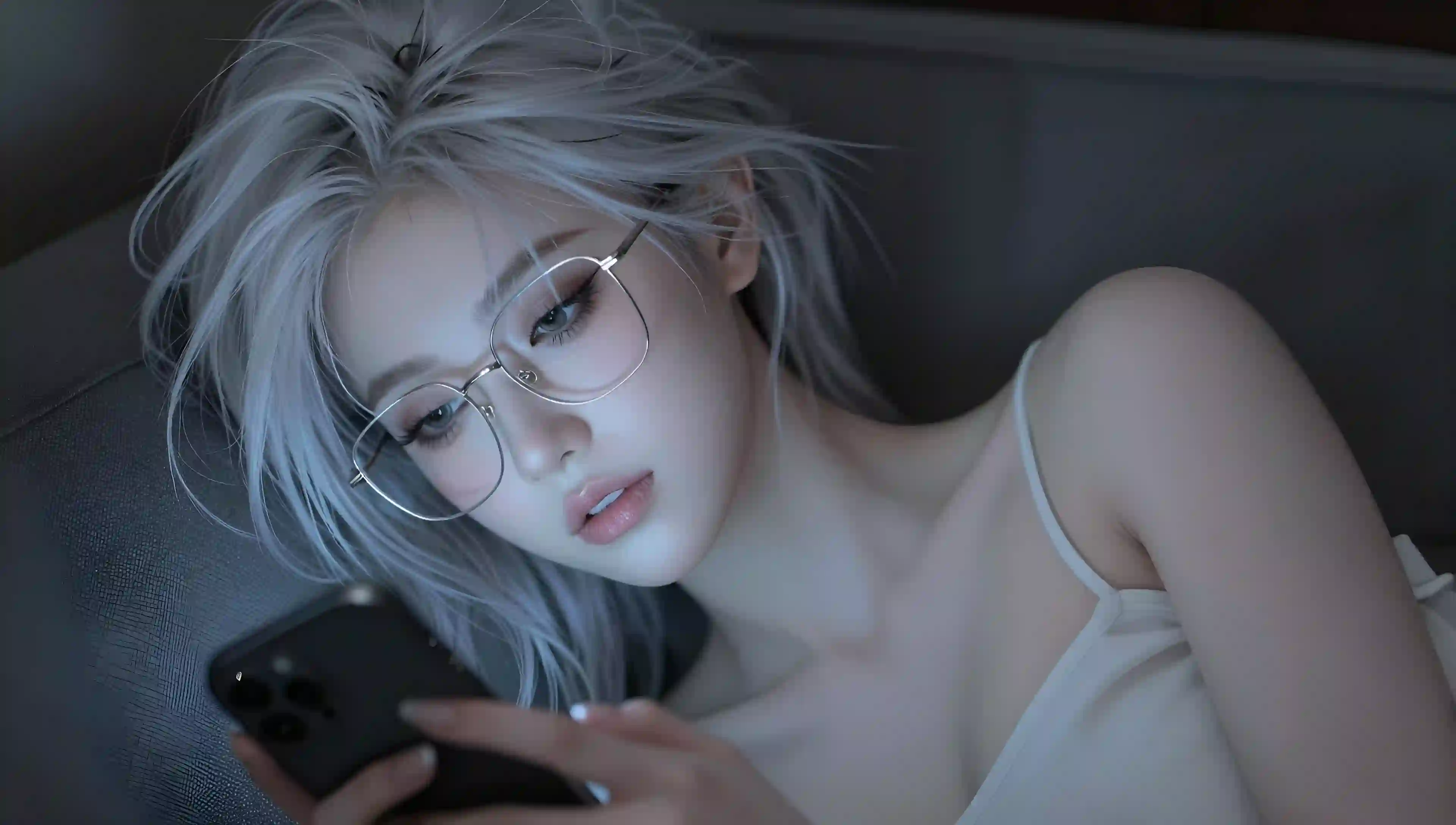 眼镜女孩 银白发 居家 玩手机 躺姿 白色吊带