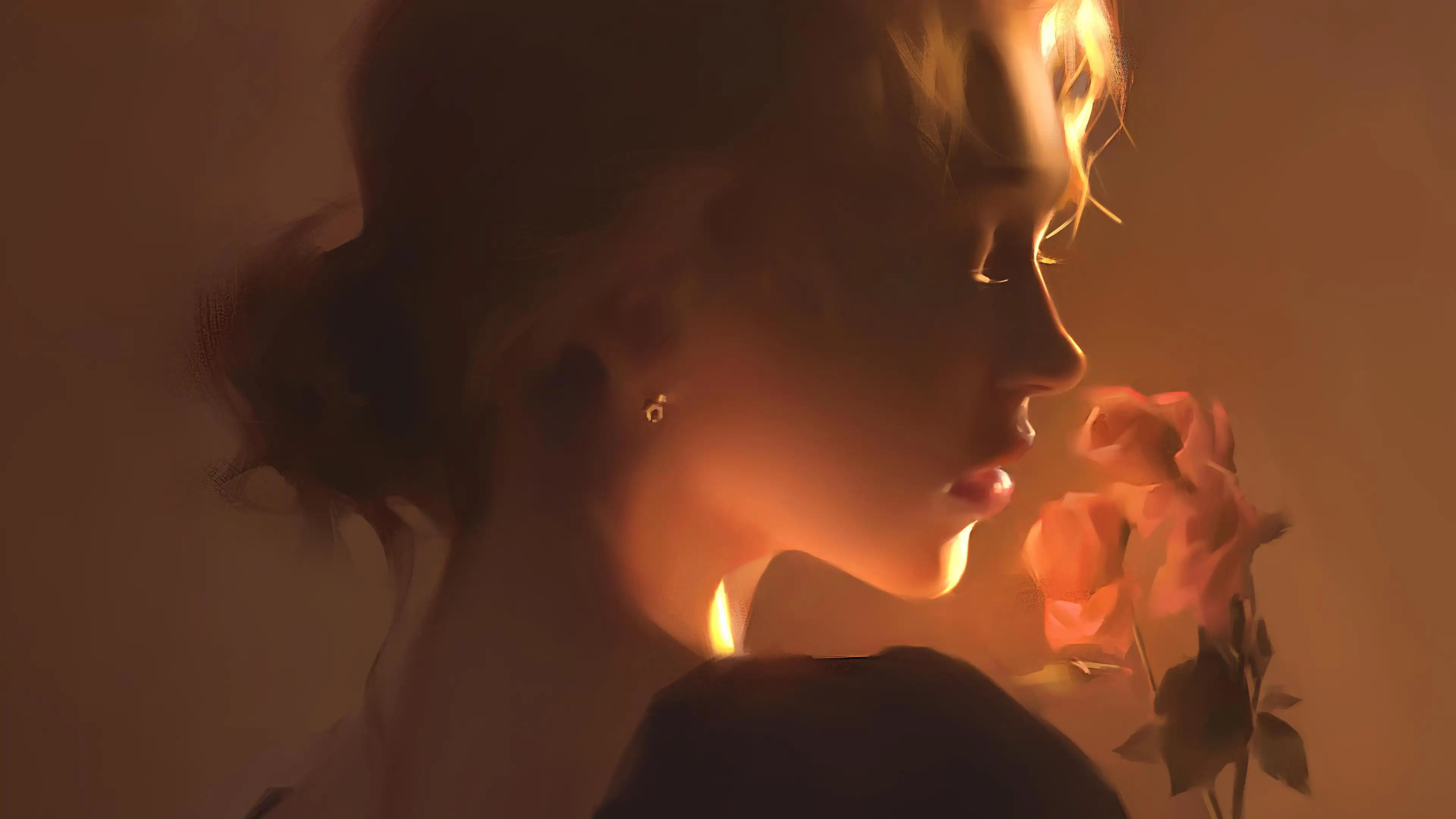 美女 闭眼 玫瑰花 绘画 唯美 4k壁纸