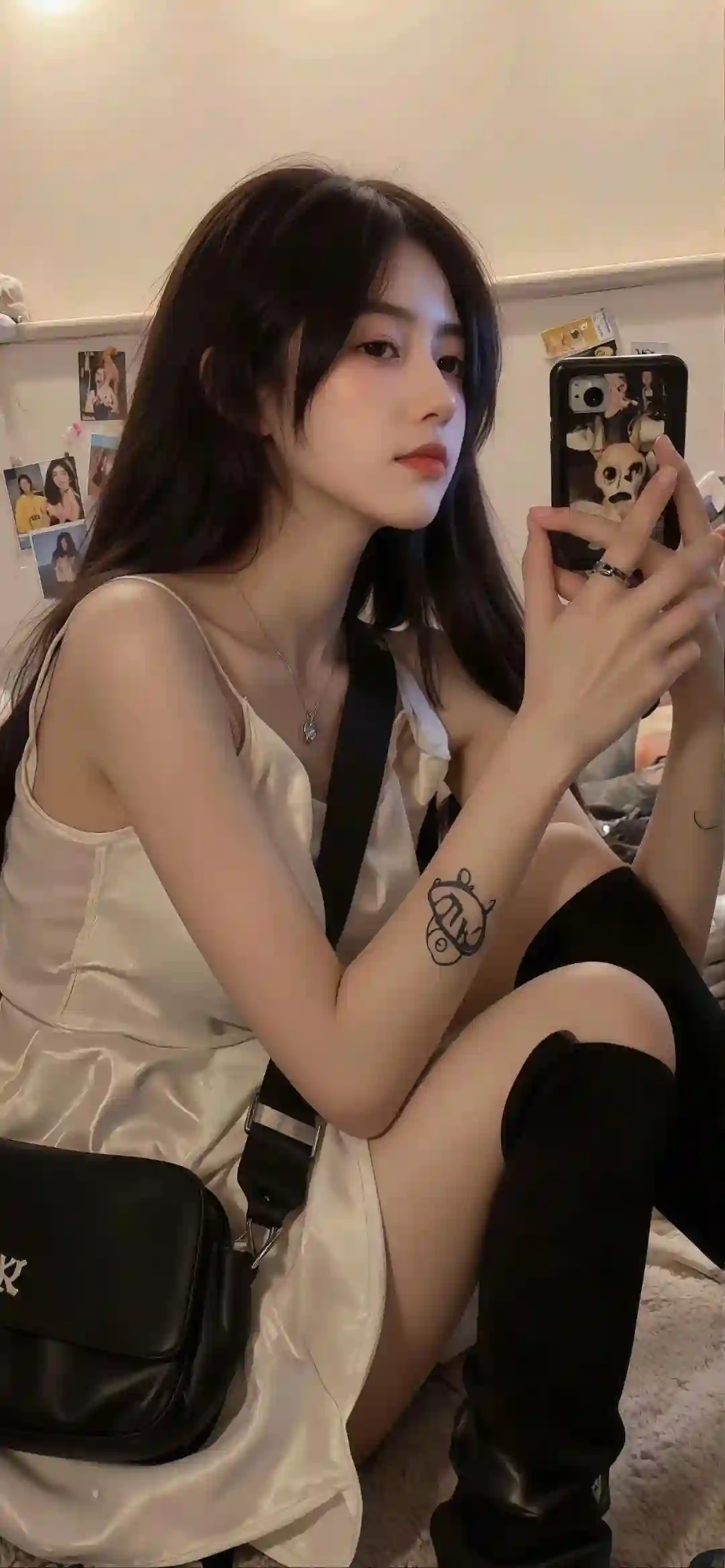 自拍 长发美女 白色吊带裙 黑色挎包 长腿美女
