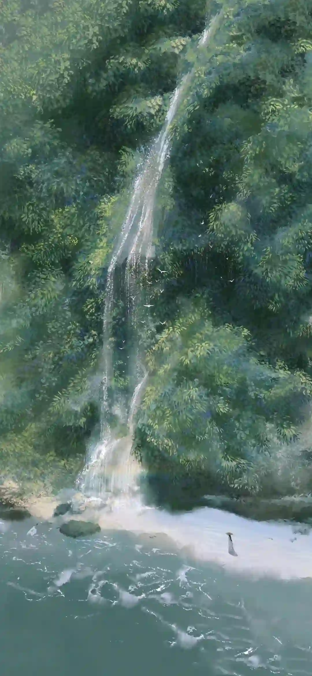 一幅绘画风格的瀑布风景 瀑布从绿树环绕的山上倾泻而下 底部是清澈的水潭 旁边有一个人物 整体呈现清新自然的氛围