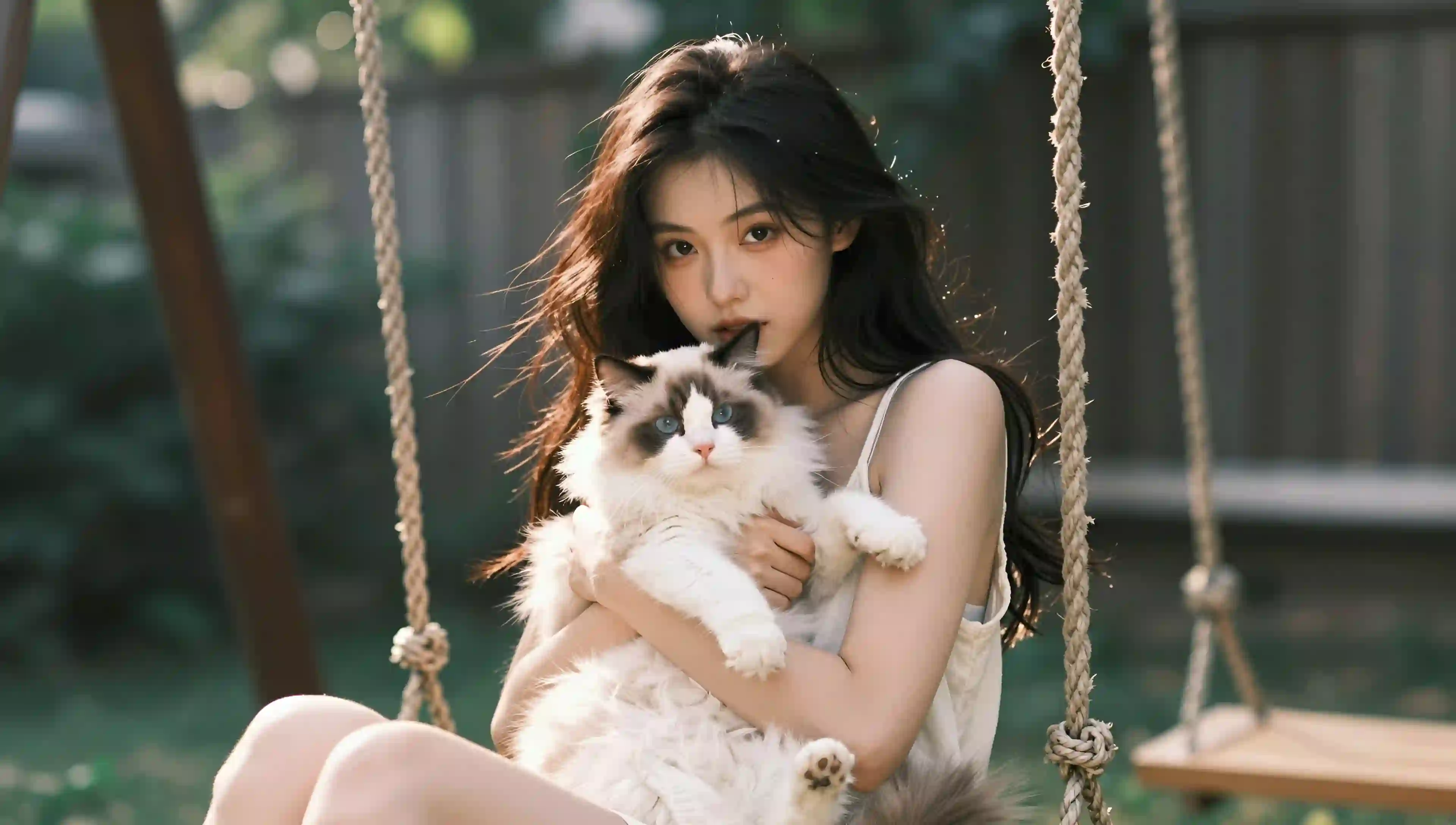 少女 秋千 布偶猫 花园 阳光 温馨 人像 壁纸