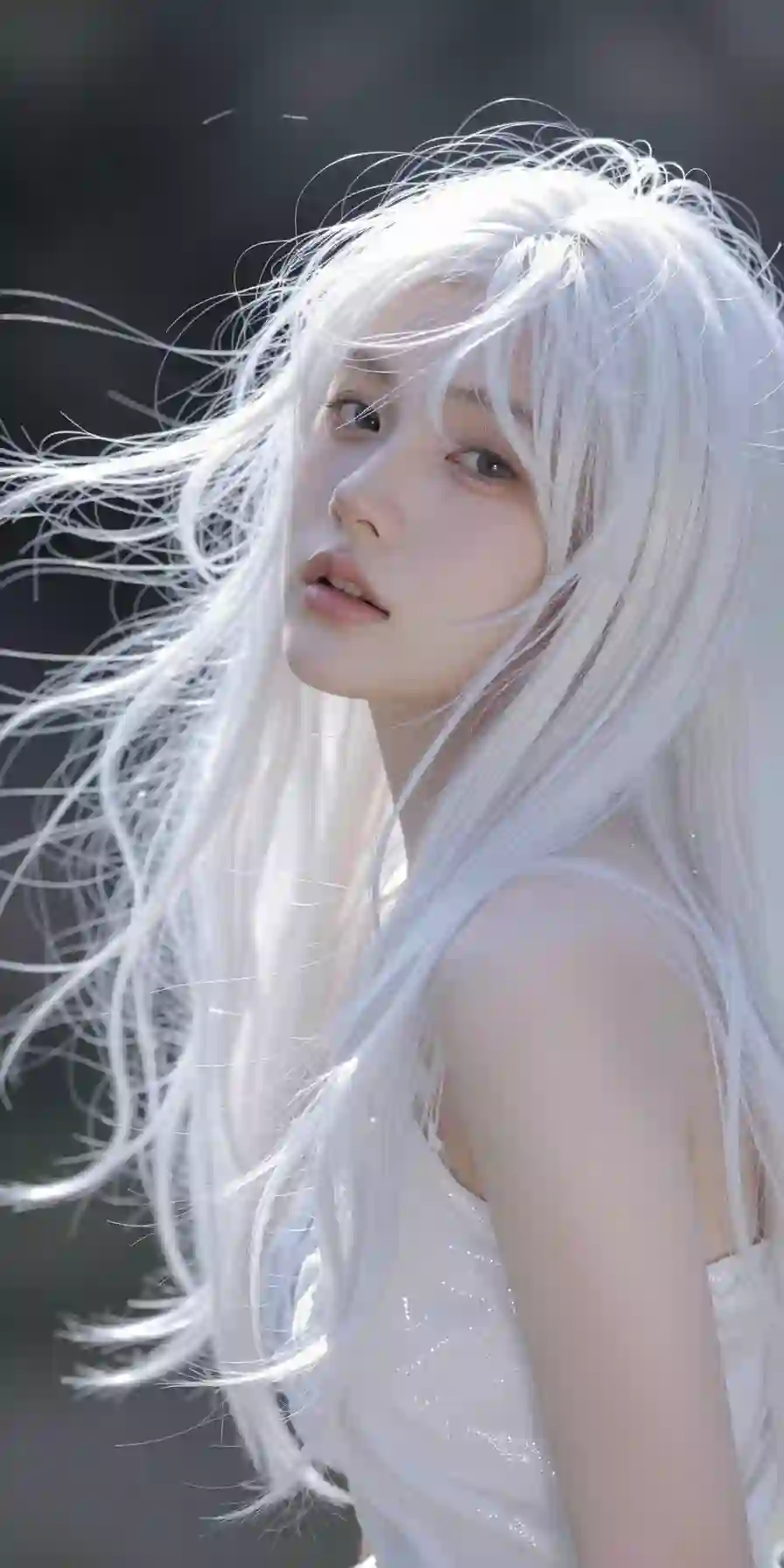 长发美女 AI 白发 白色吊带裙子