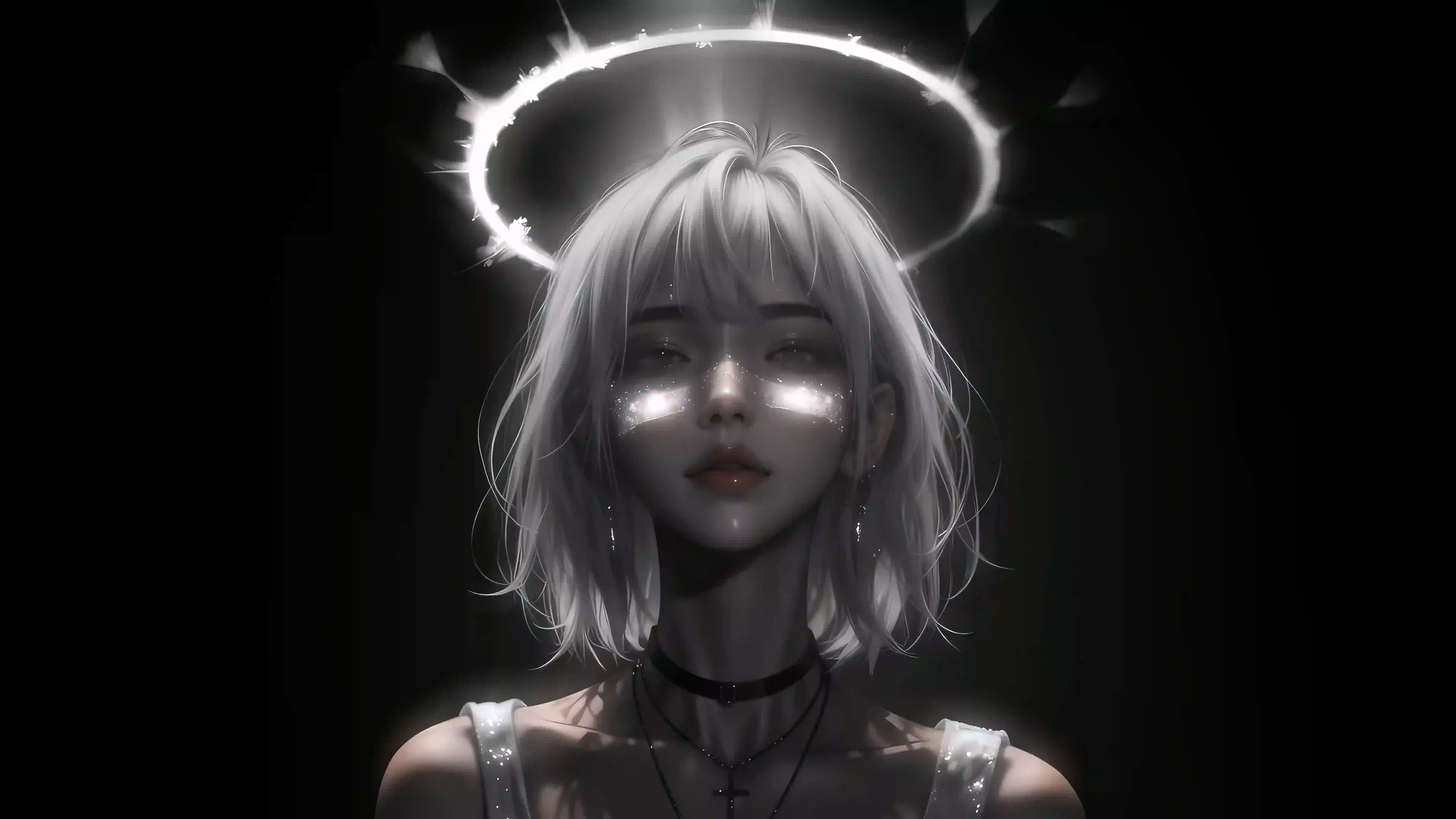 动漫女孩 光环 黑色背景 光影艺术