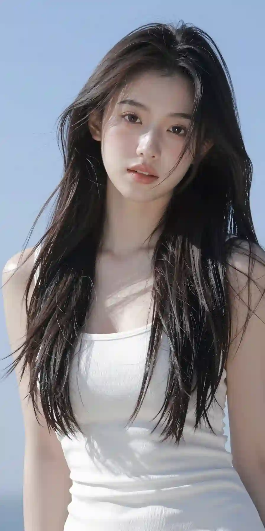 真实摄影_身穿白纹紧身衬衫裙_充满夏日清爽感__身处蓝天背景的户外场景_天空湛蓝_营造出清新明亮的氛围__整体风格清新_温柔_充满夏日的_1982286293.png