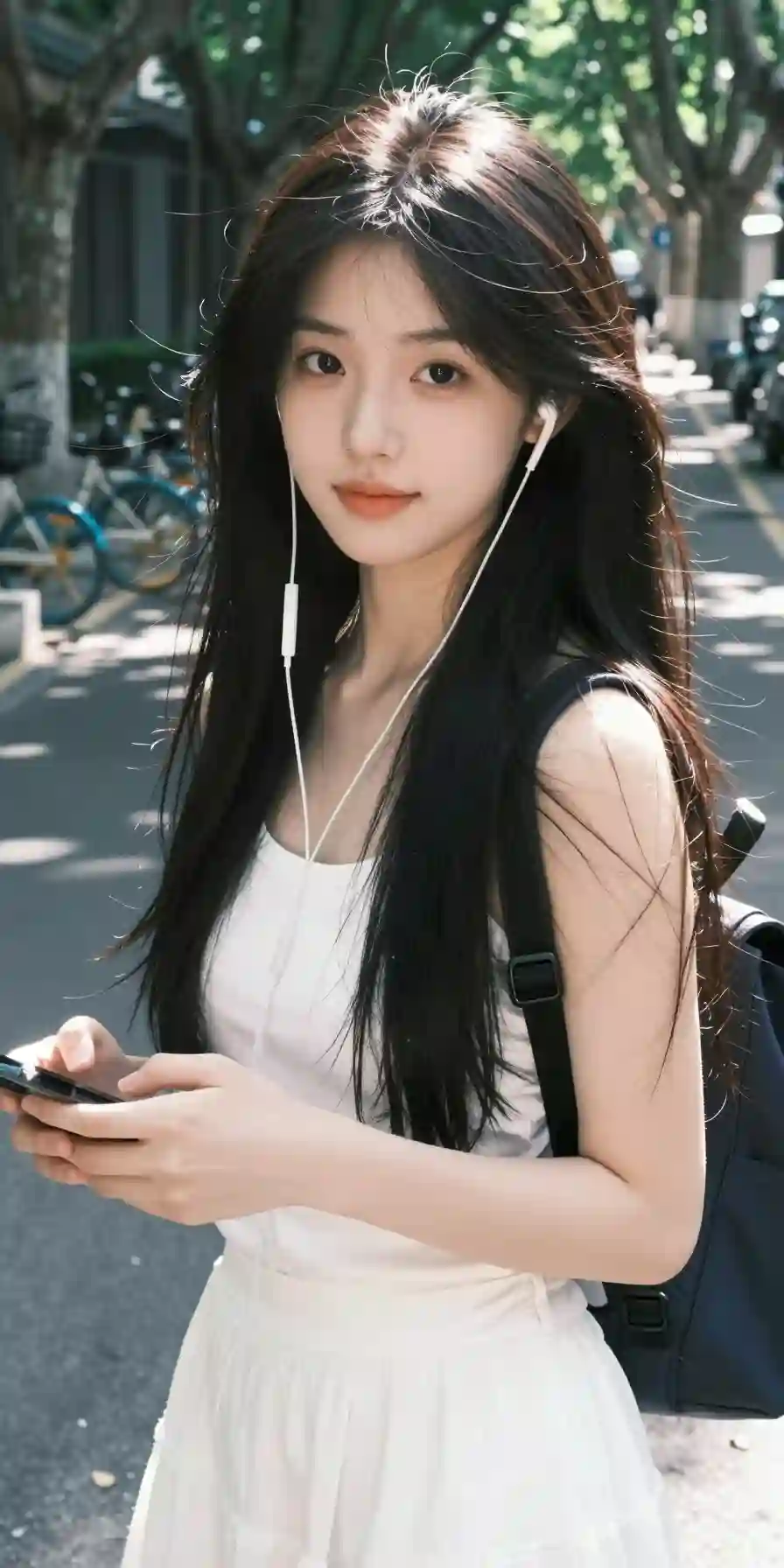 真实摄影_亚洲高颜值美少女_黑色浓密长发_戴着白色有线耳机_背着深色背包_穿着白色衬衫_白色短裙_双手握着手机_站在户外林荫道上_背景_2752826656.png