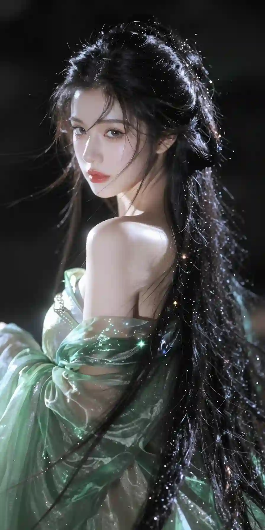 运用伦勃朗光_明暗对比强烈_中美女长发蓬松_发丝在轮廓光与发丝光晕的映衬下_呈现出柔和的光泽发丝边缘和身体轮廓泛着柔光_发型复杂___1842219154.png
