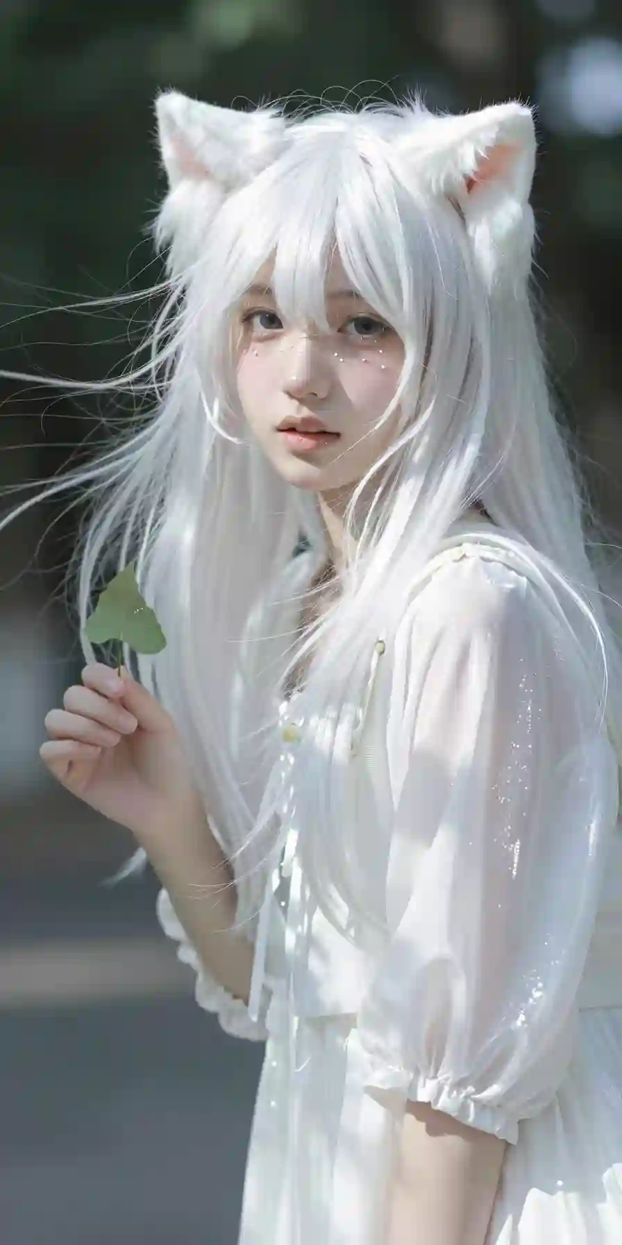 面部细节_微距视角_一位长发及腰_头顶两个白色猫耳_其余头发飘逸散落_几根丝质发带随风起舞_超现实主义_真人出镜_模样似洋娃娃般可爱的_4096874177.png