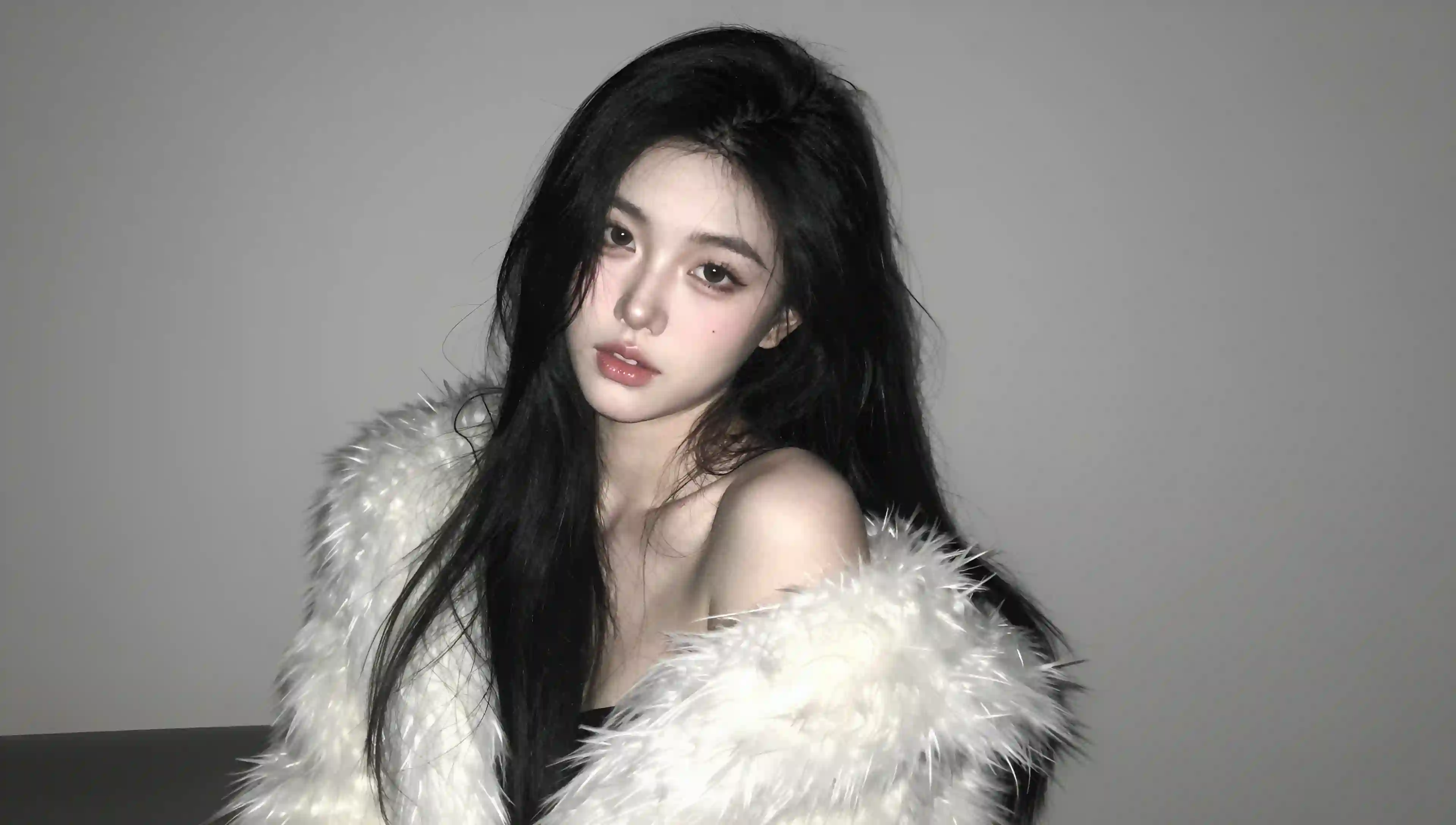 白色毛绒皮草外套露肩的中国年轻黑色长发女性_在室内简洁墙面场景_冷白皮_摆pose_长发柔软弧度_有复古暧昧滤镜显慵懒迷人_最高等级画质__1022671018.png