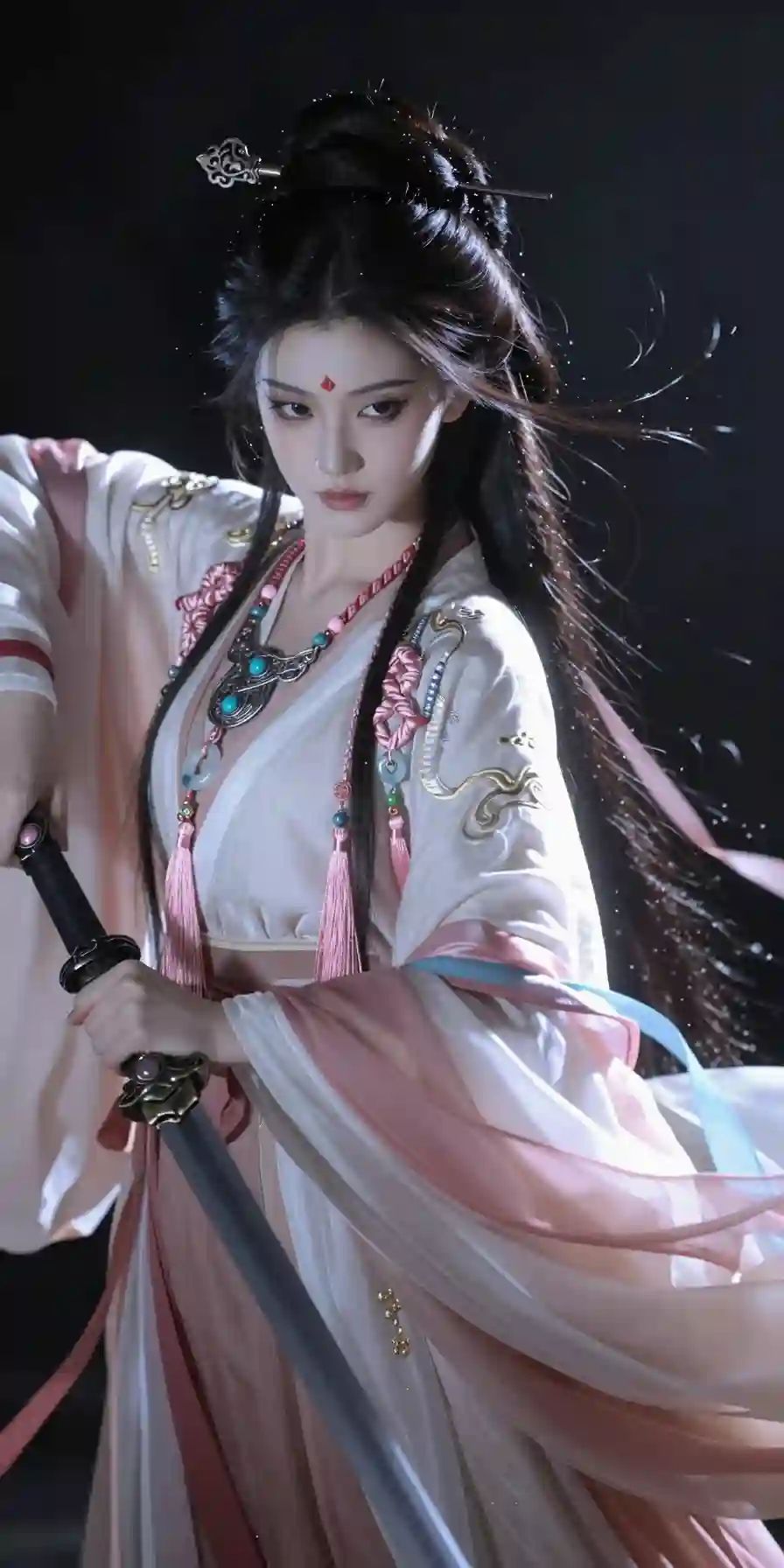 中国仙侠世界中的女剑客正面艺术人像_一位气质清冷高雅_侠骨柔情的年轻女性_肤色白皙如玉_眉眼深邃凌厉_眼妆深重微微上扬_眉心点缀一_2936675216.png
