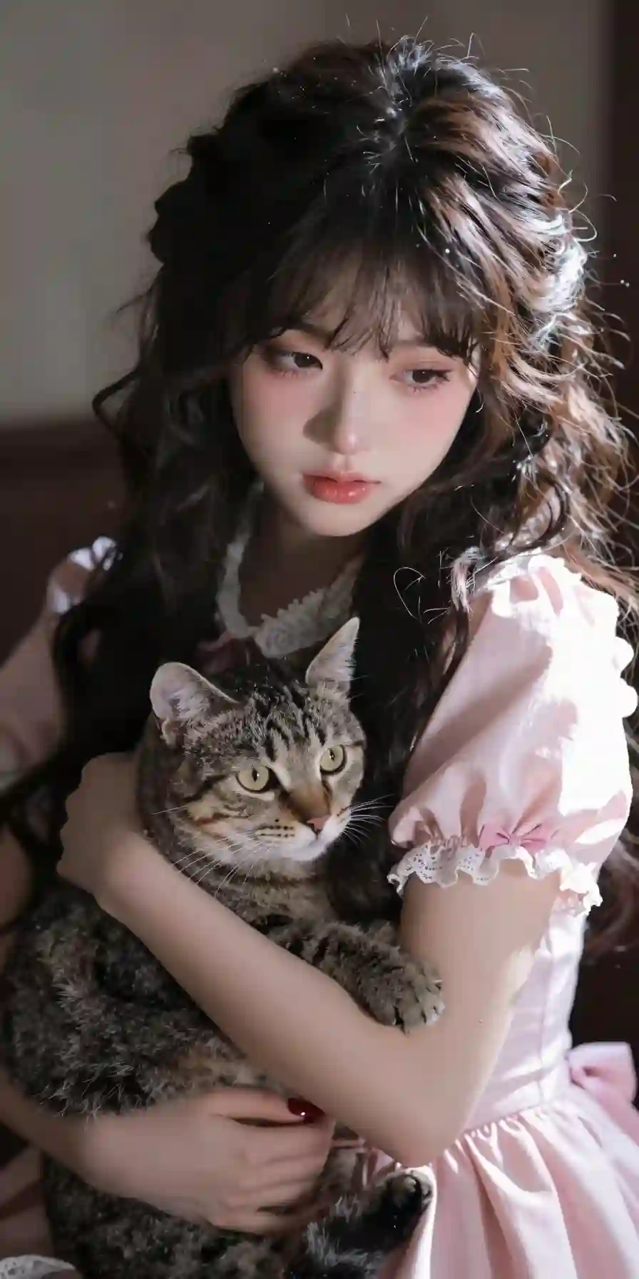 东亚美少女_冷白皮_洋娃娃般精致可爱_美丽动人_深棕色及腰波浪卷发_丸子头_身着浅粉色的洛丽塔洋装_怀抱一只狸花猫_在简约背景下呈现甜_2941162662.png
