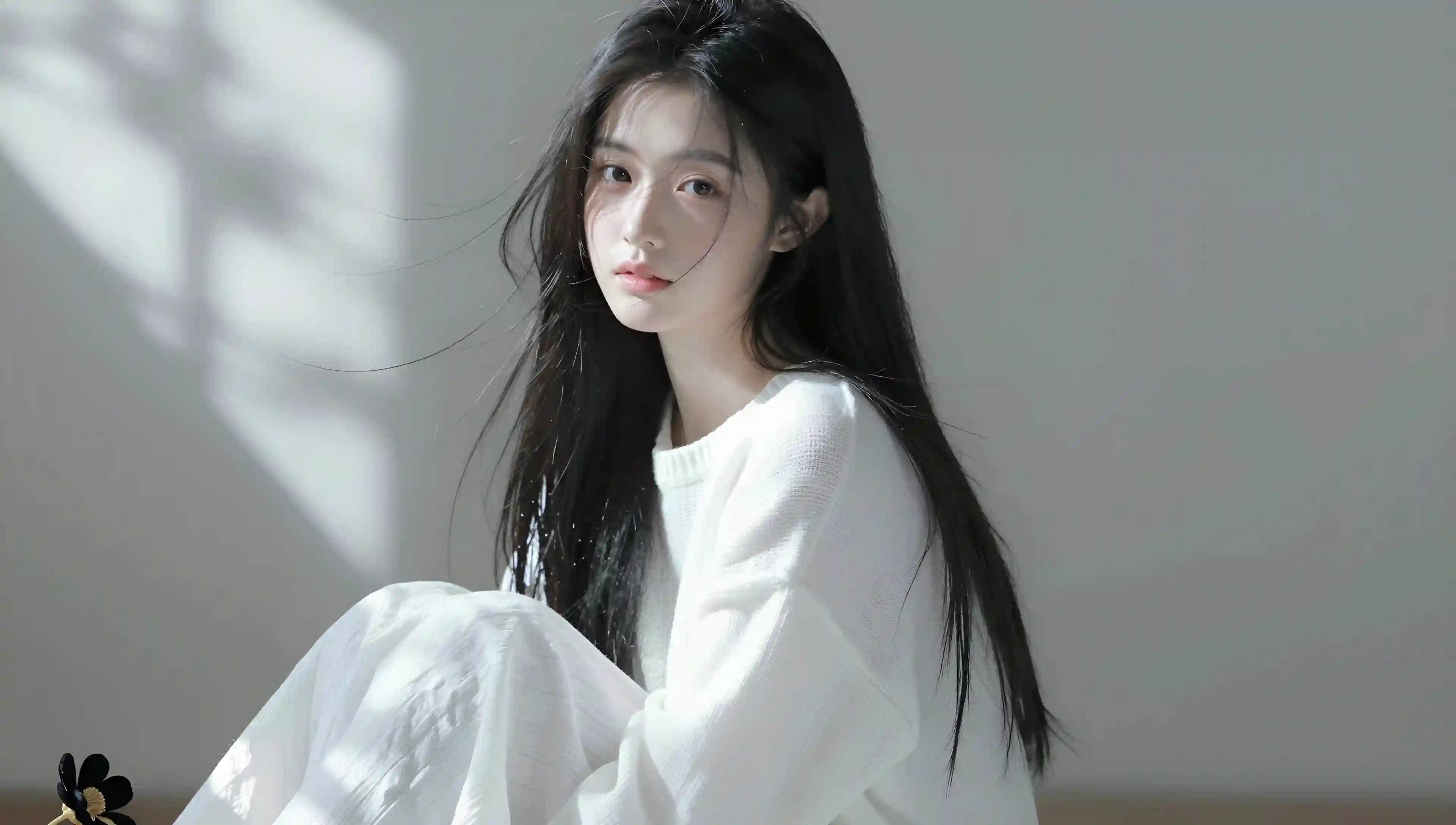 日常快照_冷白皮少女_五官精致_长发随风轻轻飘动_穿简约优雅的日常服装_白色如宽松毛衣搭配休闲裤或飘逸长裙_坐或站在柔和自然光下_阳_2074116577.png