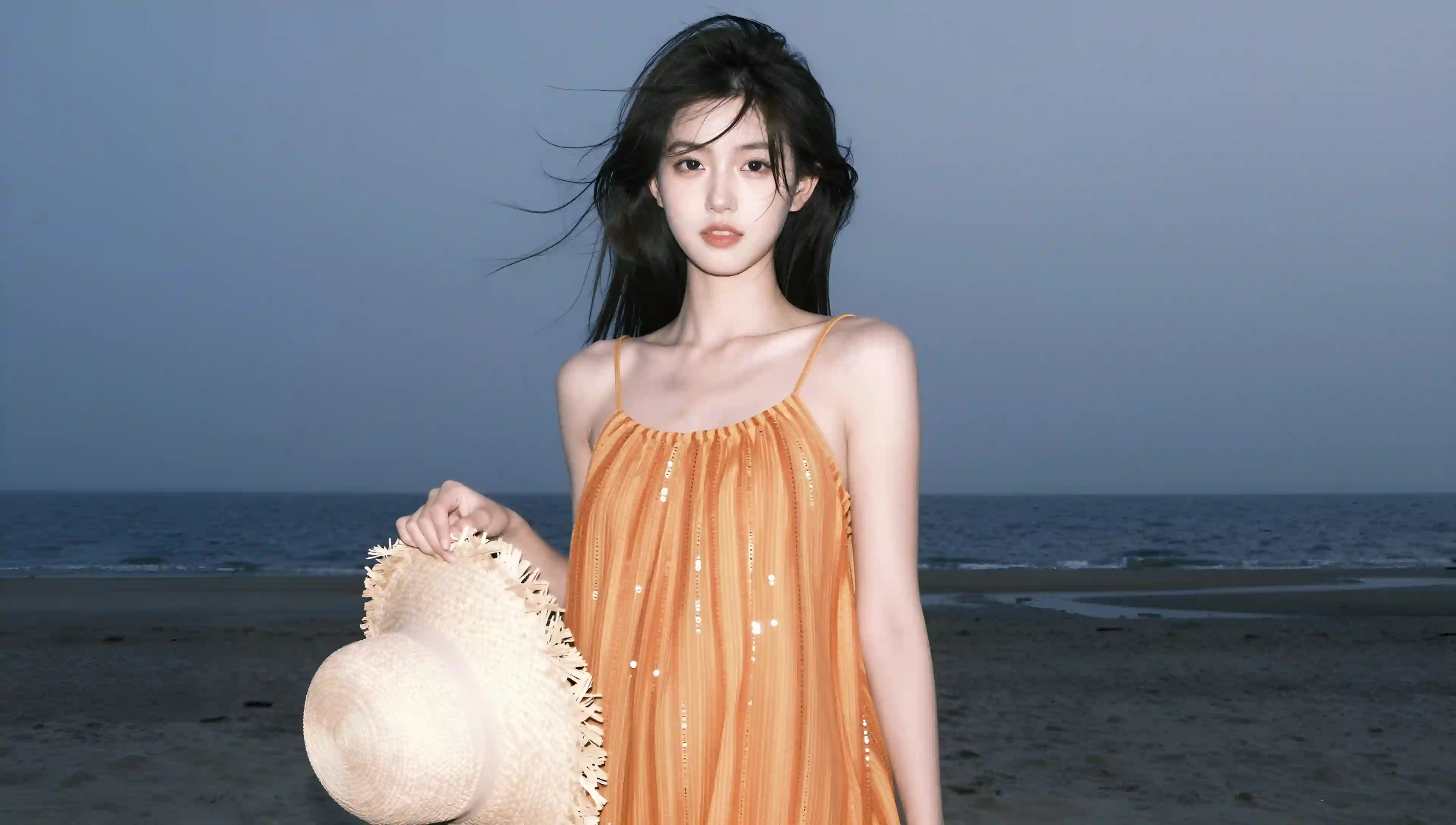 日常人像随拍_海边沙滩_天空_傍晚_画面中的18岁网红漂亮少女_冷白皮_冷酷表情_迷人的大眼睛_一件橙黄色的宽松吊带连衣裙_裙身带有细密的_1926002964.png