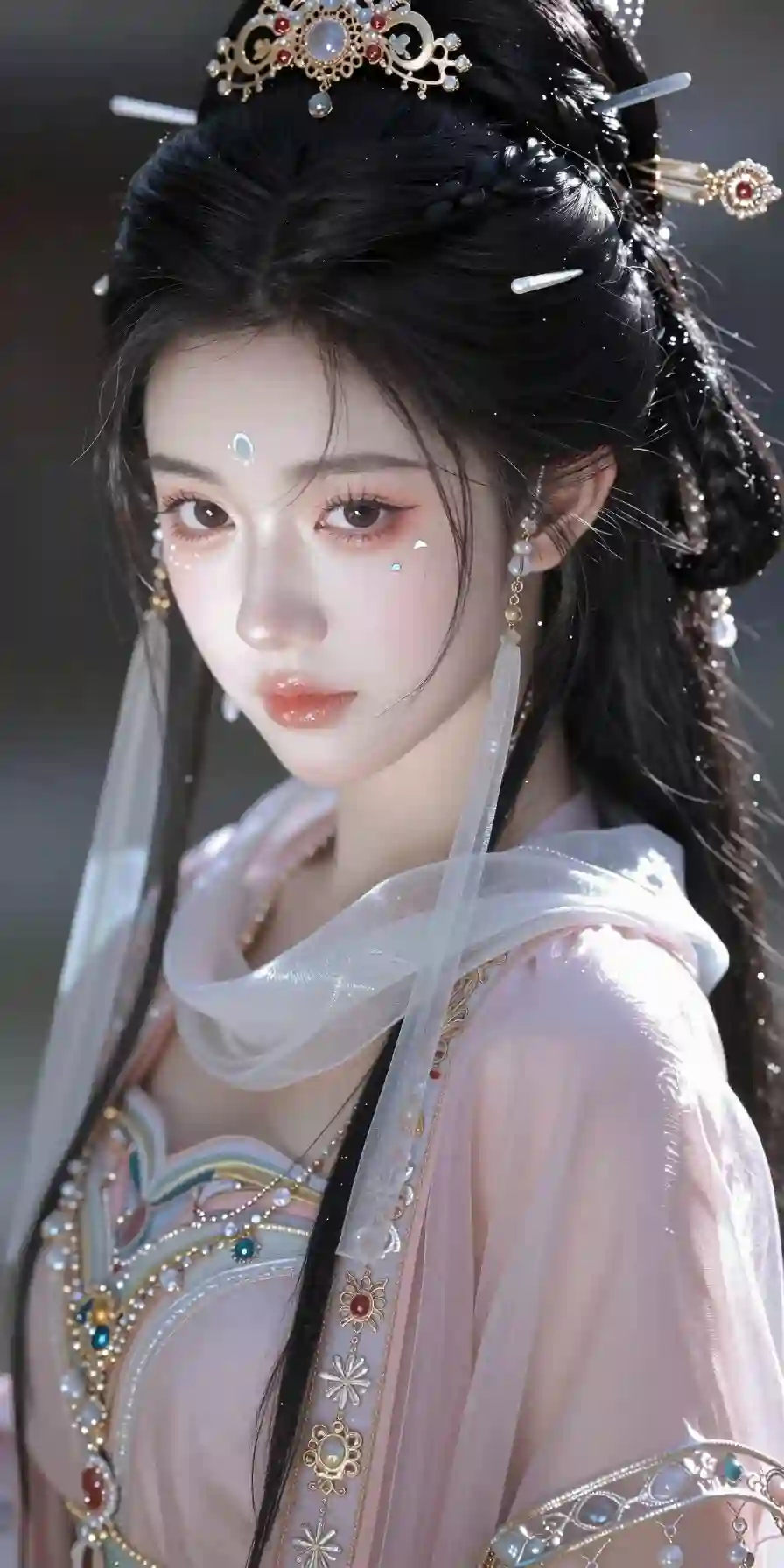 半身构图_镜头近距离_近距离写真_逼真_冷白皮_黑色繁复蓬松斜分侧髻斜分辫子盘发_无披发_冷白皮_真实发丝_阳光下脸蛋微微发亮_清纯_清丽_2419181113.png