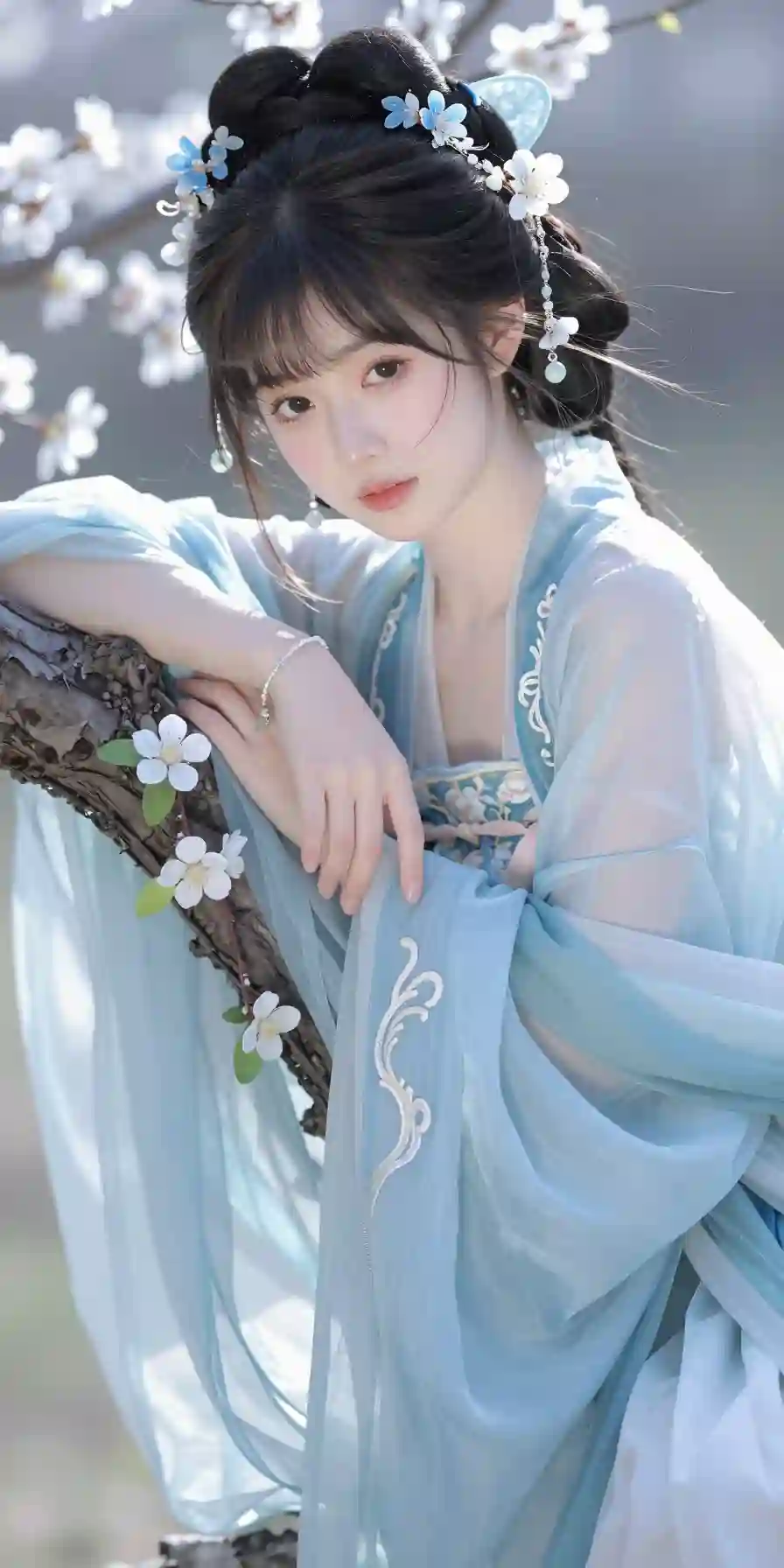 古风美少女_美艳无双_古风盘髻披发_身着唐代服饰_华丽惊艳_水蓝色渐变唐制襦裙配繁复高髻_发髻点缀水蓝色发饰与白花枝_冷调背景衬出仙_1702777810.png